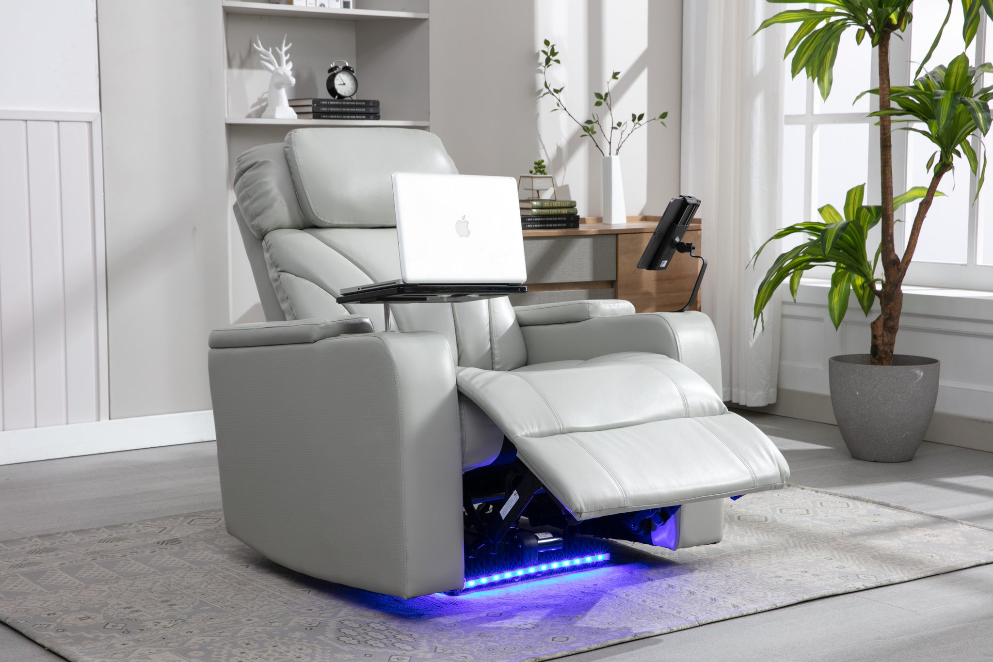 Power Motion Recliner With Usb Charging Port And Hidden Arm Storage, Home Theater Seating With Convenient Cup Holder Design ,And Stereo Light Grey Light Grey Foam Pu