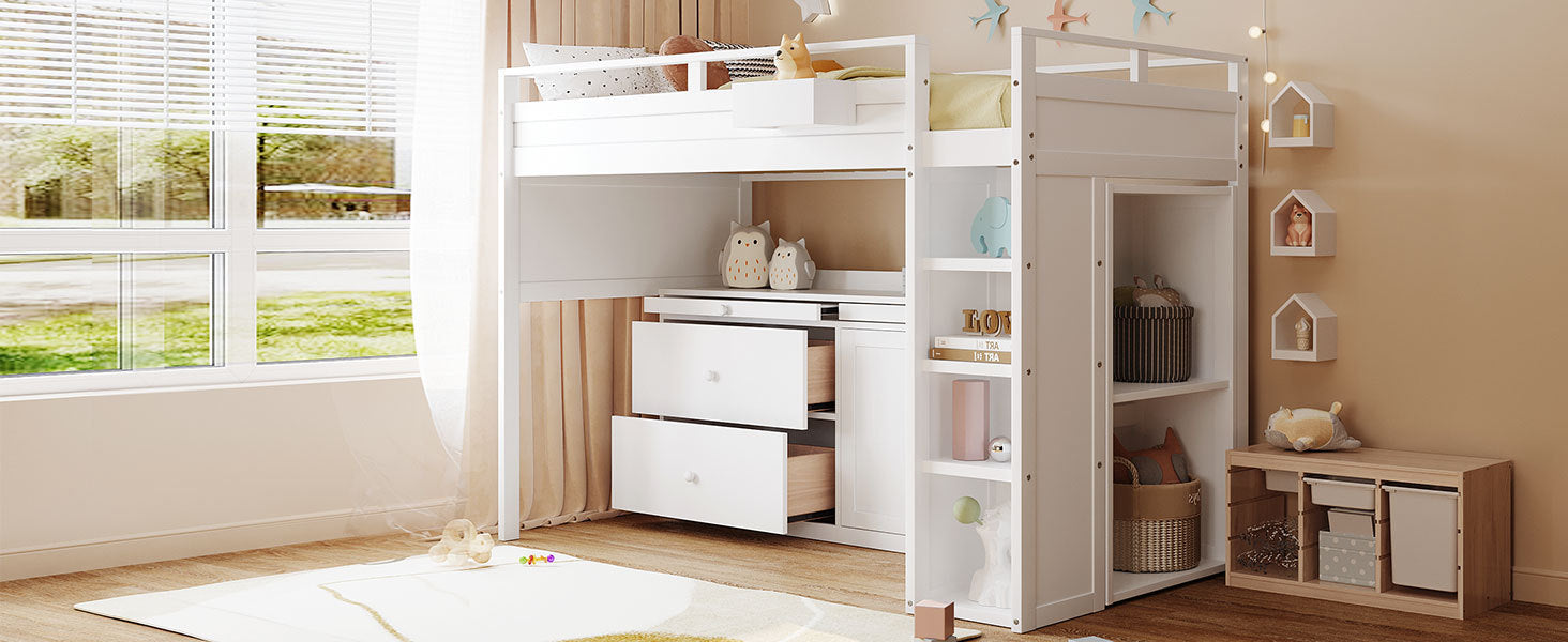 Loft Bed With Rolling Cabinet And Desk White White Solid Wood Mdf