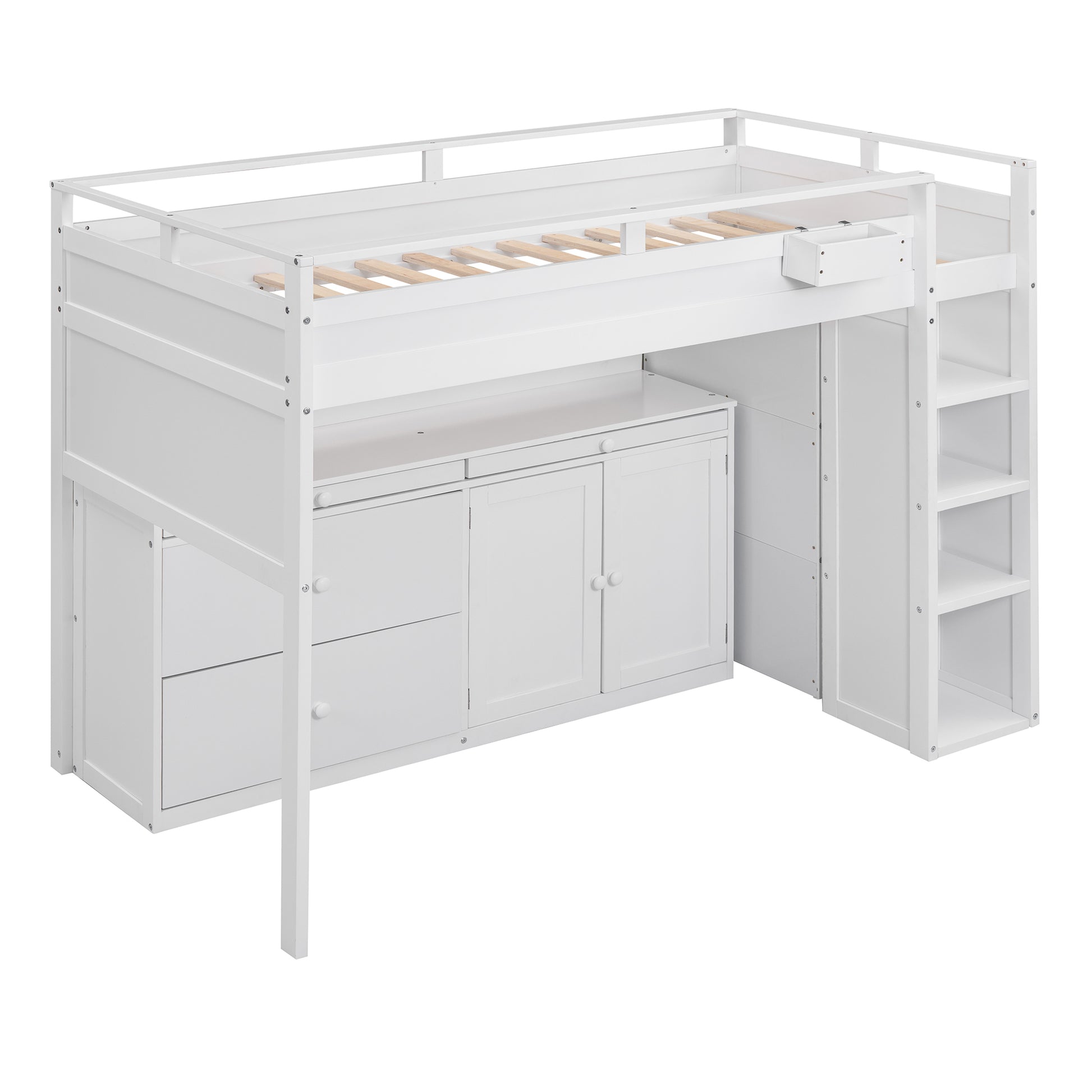 Loft Bed With Rolling Cabinet And Desk White White Solid Wood Mdf