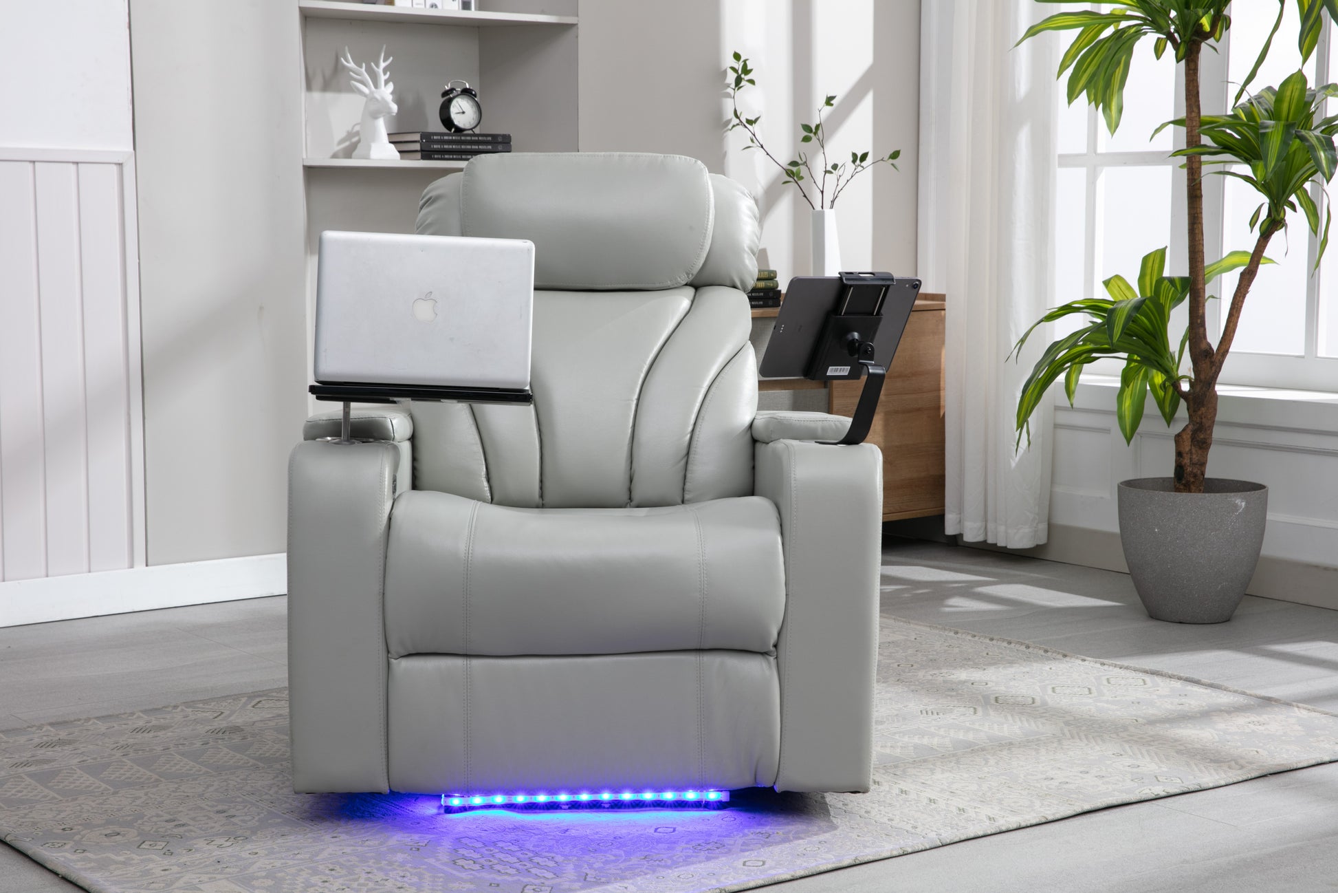 Power Motion Recliner With Usb Charging Port And Hidden Arm Storage, Home Theater Seating With Convenient Cup Holder Design ,And Stereo Light Grey Light Grey Foam Pu