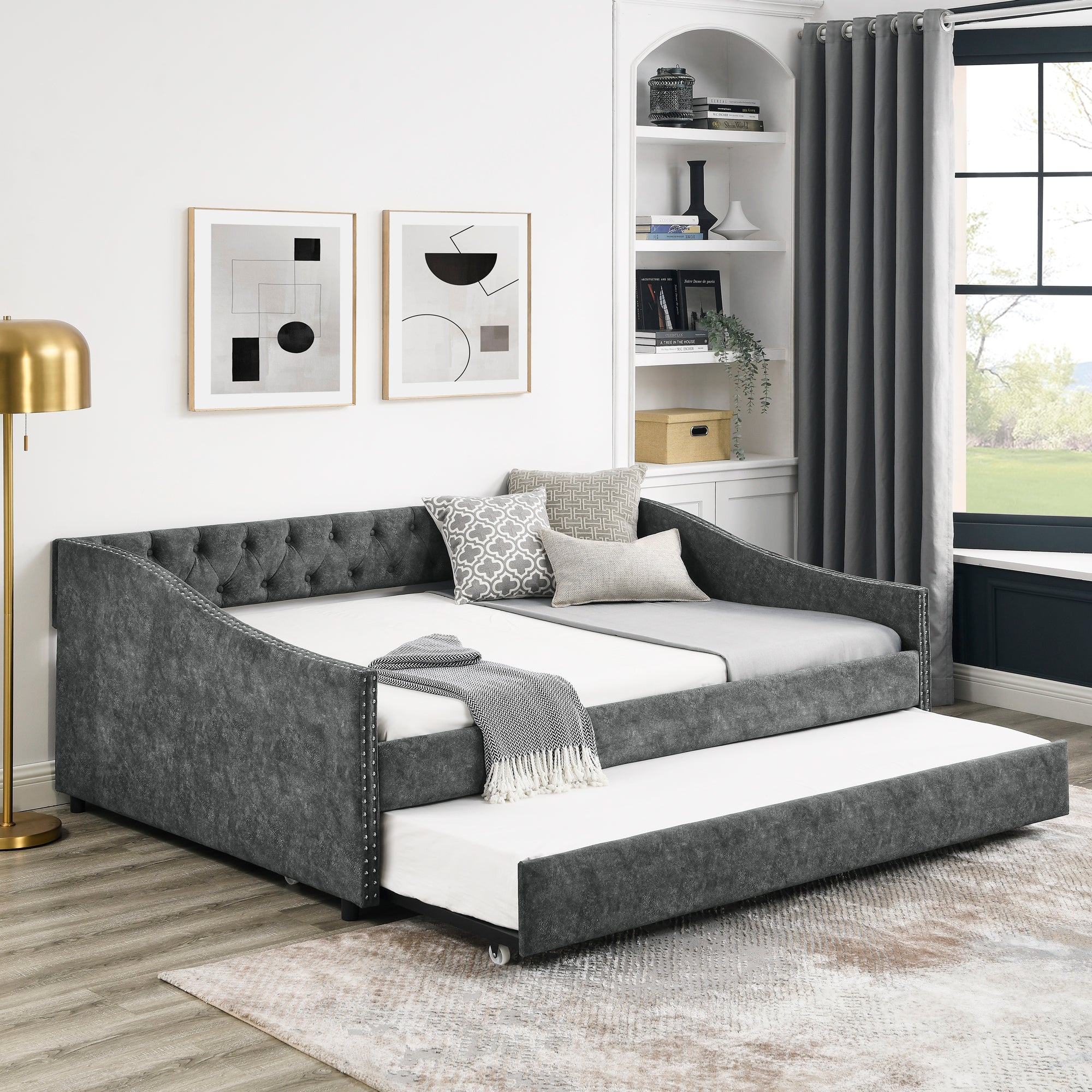 Full Size Daybed With Twin Size Trundle Upholstered Tufted Sofa Bed, With Button On Back And Copper Nail On Waved Shape Arms,Grey 80.5"X55.5"X27.5" Grey Polyester