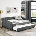 Full Size Daybed With Twin Size Trundle Upholstered Tufted Sofa Bed, With Button On Back And Copper Nail On Waved Shape Arms,Grey 80.5