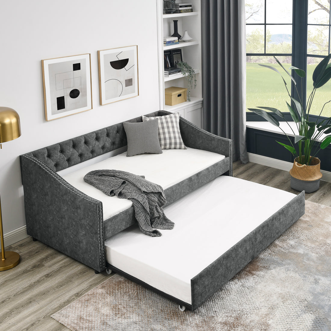 Twin Size Daybed With Twin Size Trundle Upholstered Tufted Sofa Bed, With Button On Back And Copper Nail On Waved Shape Arms, Grey 80.5"X41"X30.5" Grey Polyester
