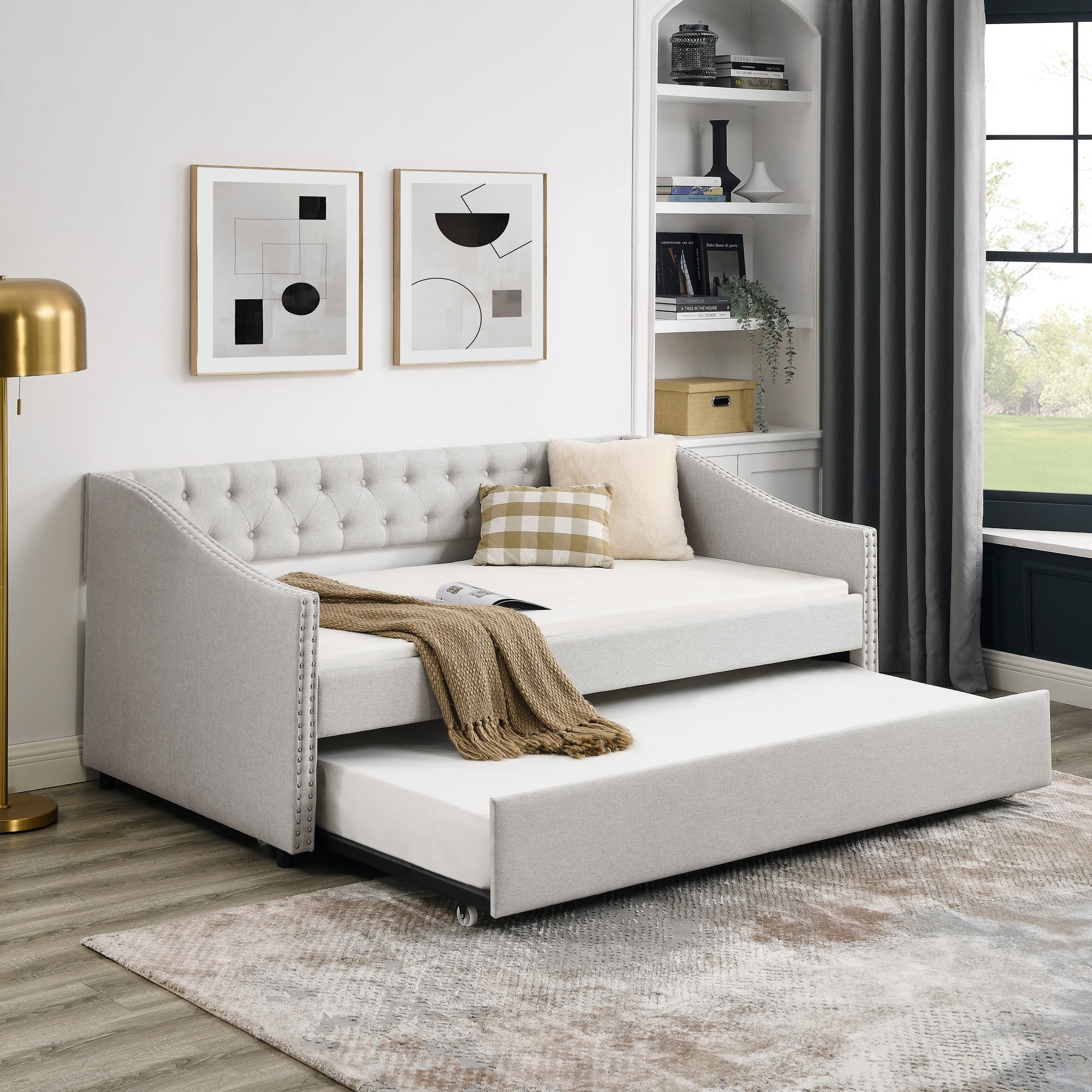 Twin Size Daybed With Twin Size Trundle Upholstered Tufted Sofa Bed, With Button On Back And Copper Nail On Waved Shape Arms, Beige 80.5"X41"X30.5" Beige Polyester