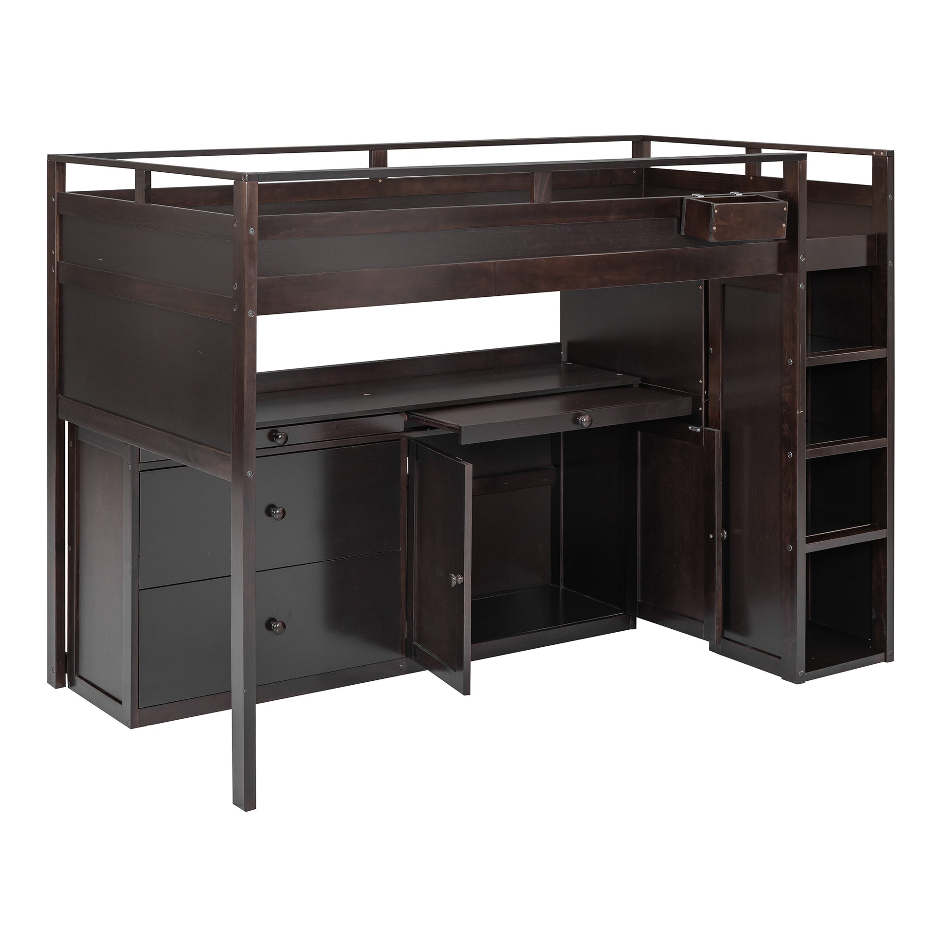 Loft Bed With Rolling Cabinet And Desk Espresso Espresso Solid Wood Mdf
