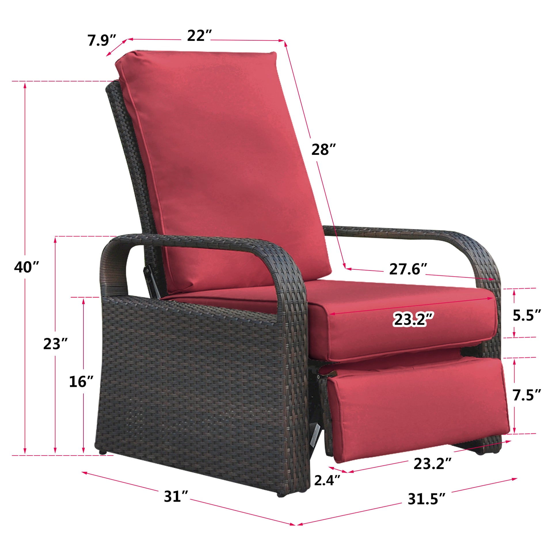 Outdoor Garden Recliner Chair, Automatic Adjustable Wicker Lounge Recliner Chair With Comfy Thicken Cushion, All Weather Aluminum Frame, Brown Wicker Red Cushion Yes Lounge Red Rust Resistant Frame Fade Resistant Cushion Garden & Outdoor Classic Complete