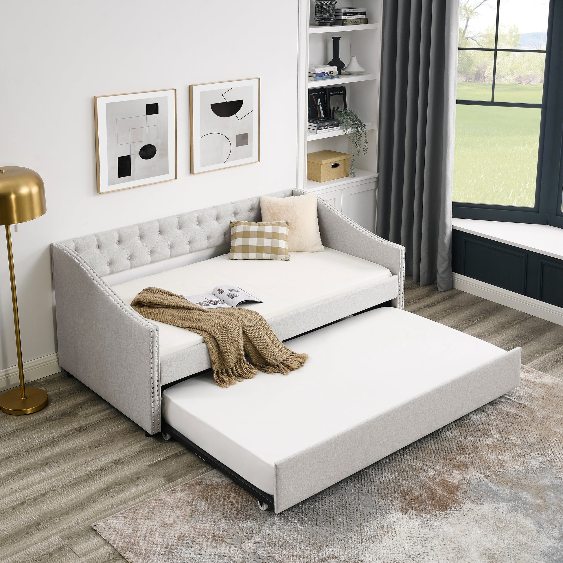 Twin Size Daybed With Twin Size Trundle Upholstered Tufted Sofa Bed, With Button On Back And Copper Nail On Waved Shape Arms, Beige 80.5"X41"X30.5" Beige Polyester