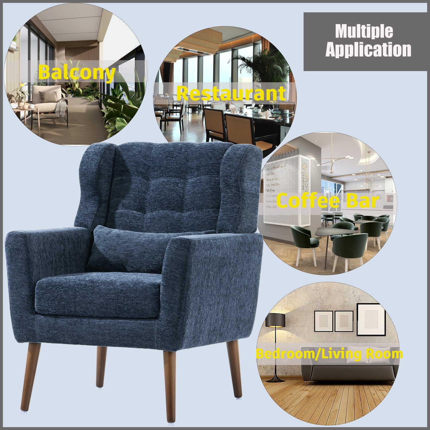 Modern Accent Chair,Chenille Arm Chairs For Living Room,Upholstered Mordern Armchair,Comfy Soft Padded Lounge Chair In Small Space, Bedroom, W Pillow, Solid Wood Leg Dark Blue Dark Blue Light Brown Primary Living Space Modern Rubberwood Foam Chenille