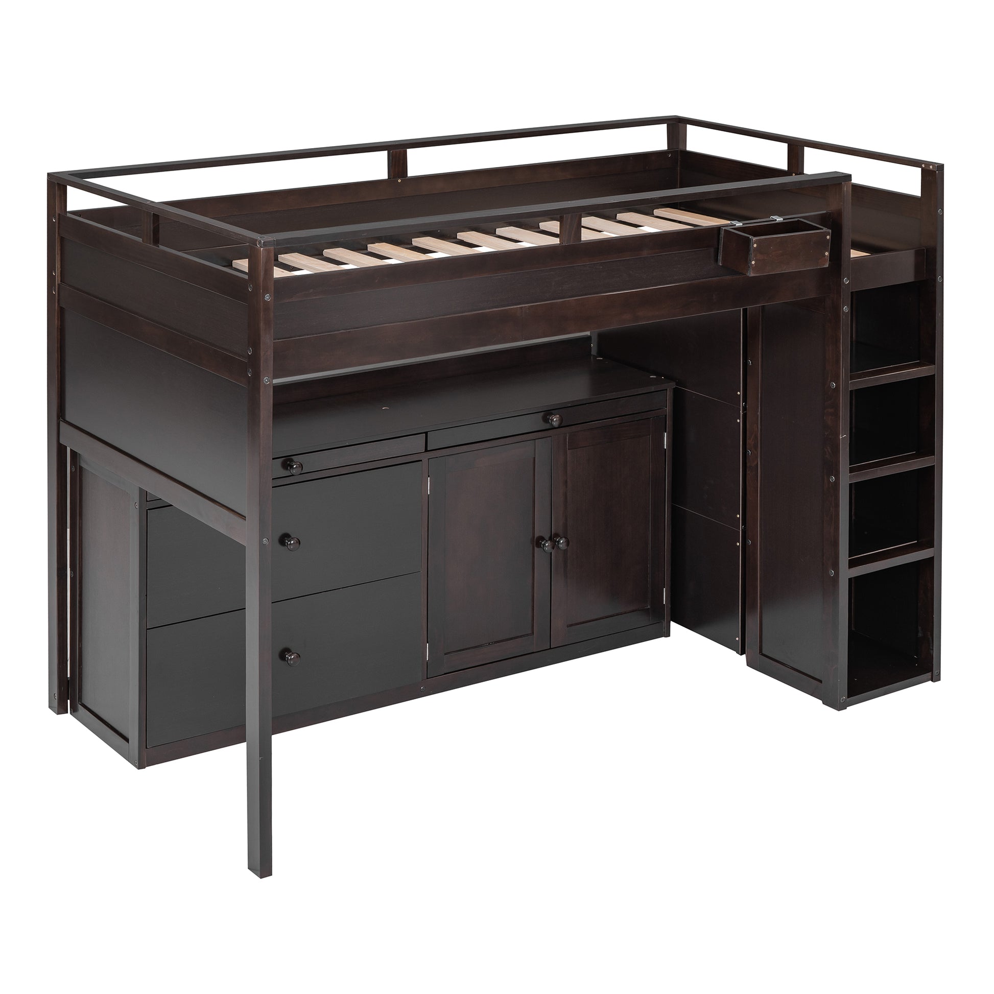 Loft Bed With Rolling Cabinet And Desk Espresso Espresso Solid Wood Mdf