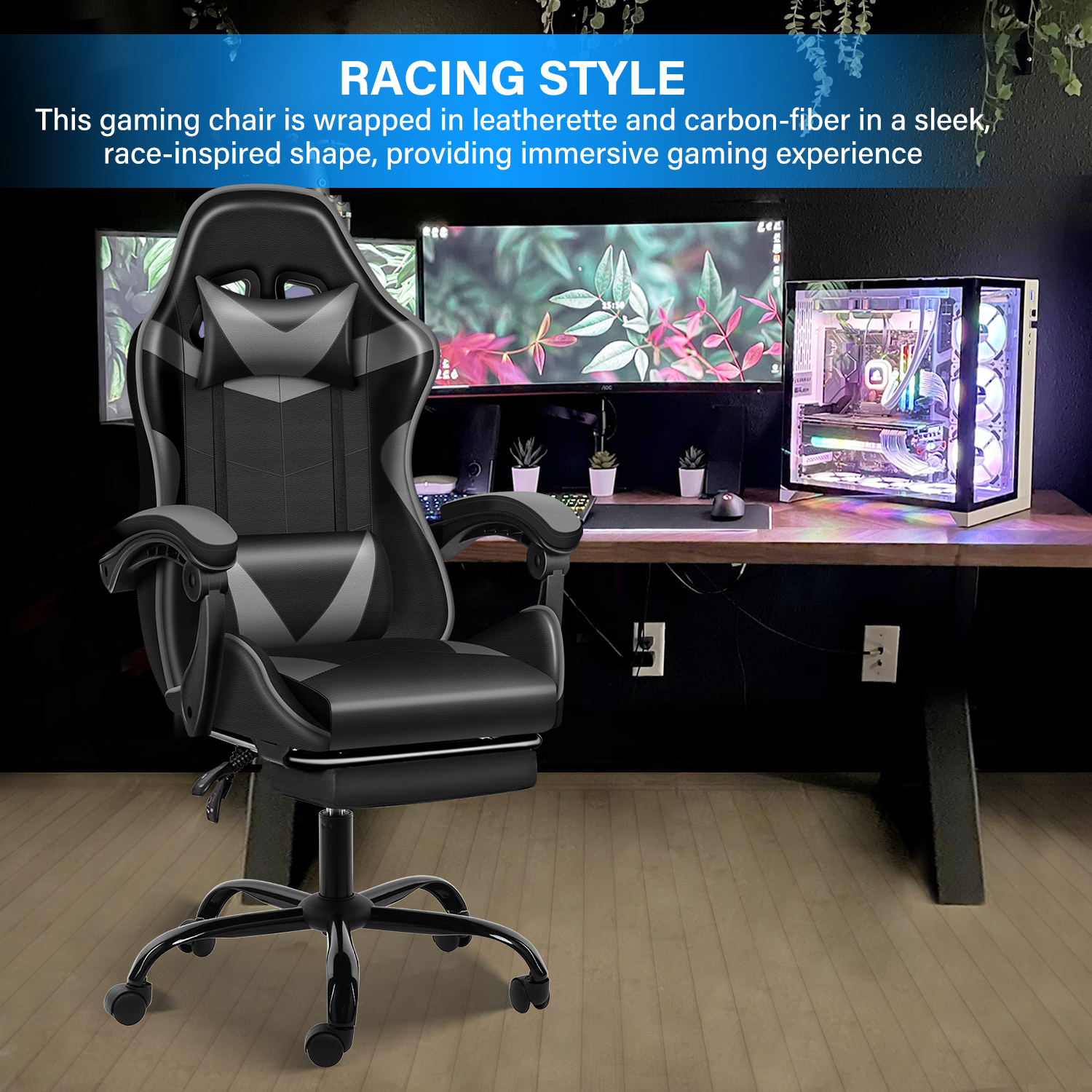 Yssoa Racing Video Backrest And Seat Height Recliner Gaming Office High Back Computer Ergonomic Adjustable Swivel Chair, With Footrest, Black Grey Black Leather