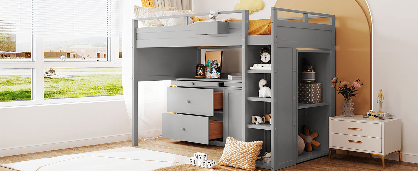 Loft Bed With Rolling Cabinet And Desk Gray Gray Solid Wood Mdf