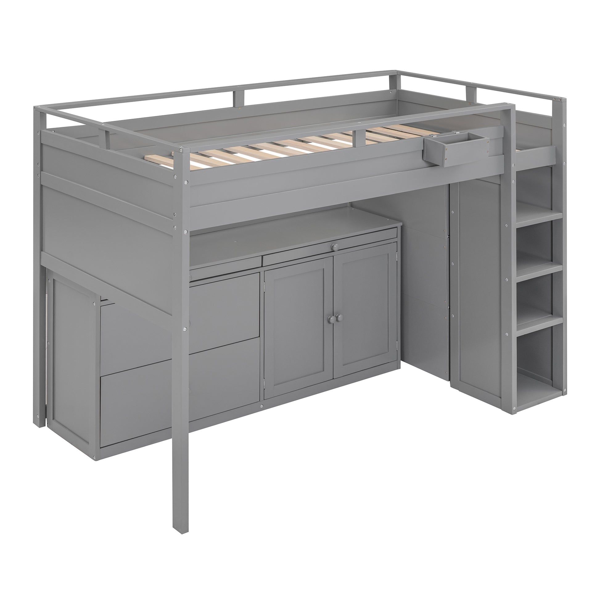 Loft Bed With Rolling Cabinet And Desk Gray Gray Solid Wood Mdf