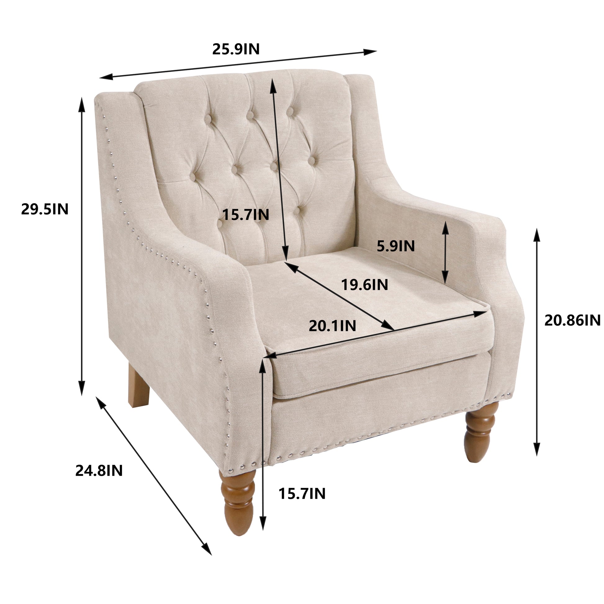 Beige Accent Chair, Living Room Chair, Footrest Chair Set With Vintage Brass Studs, Button Tufted Upholstered Armchair For Living Room, Comfy Reading Chair For Bedroom, Reception Room Beige Linen