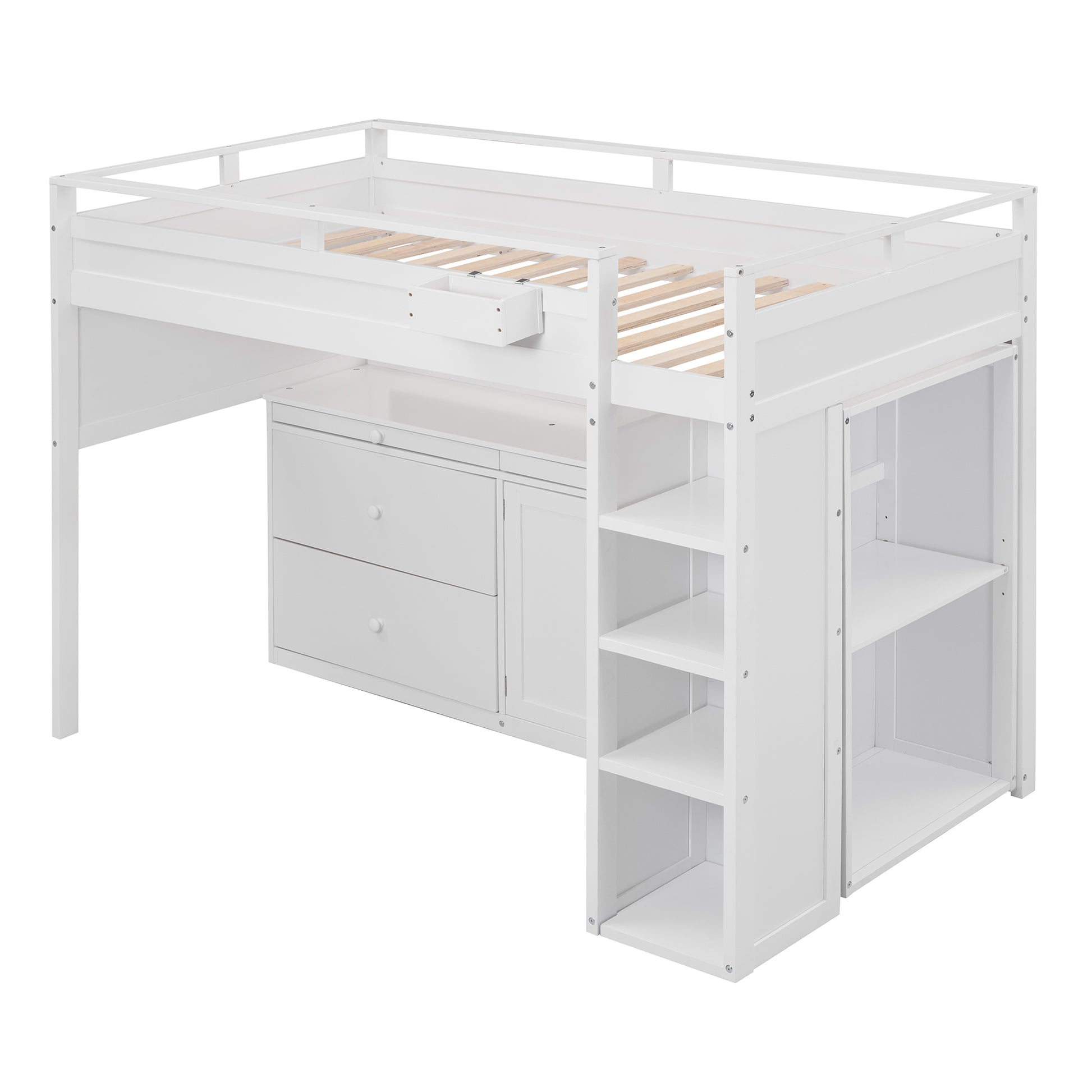 Loft Bed With Rolling Cabinet And Desk White White Solid Wood Mdf