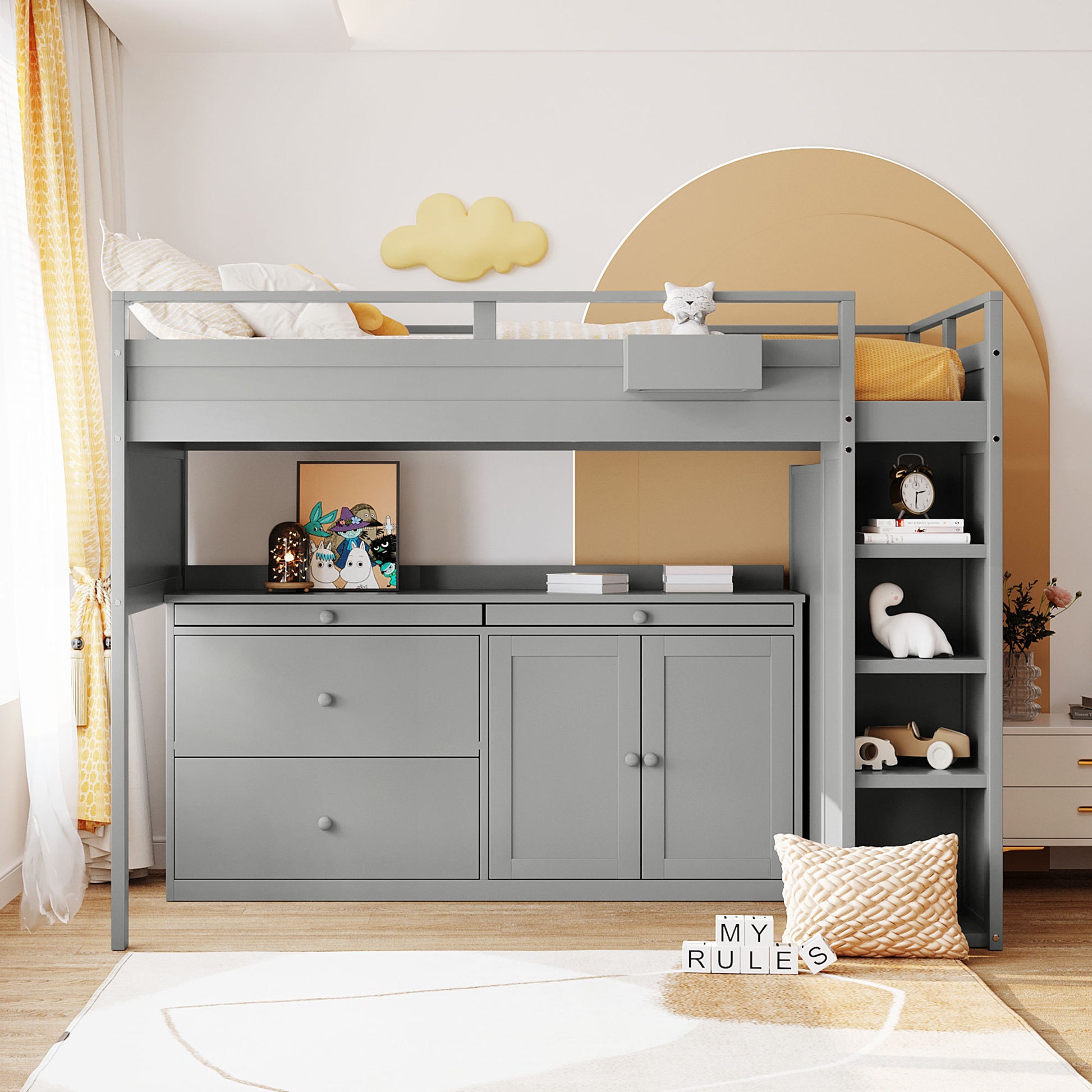 Loft Bed With Rolling Cabinet And Desk Gray Gray Solid Wood Mdf