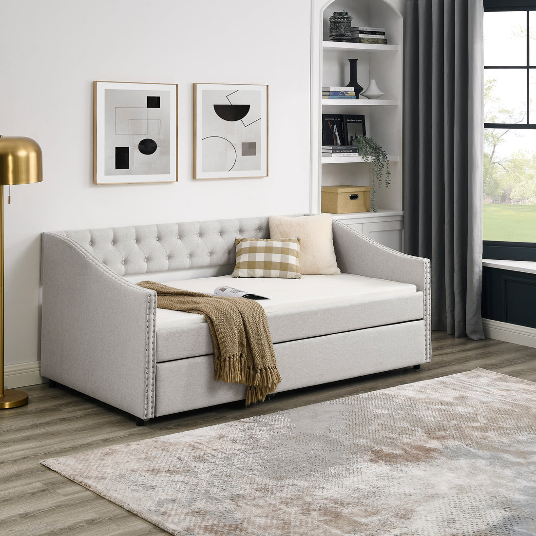 Twin Size Daybed With Twin Size Trundle Upholstered Tufted Sofa Bed, With Button On Back And Copper Nail On Waved Shape Arms, Beige 80.5"X41"X30.5" Beige Polyester