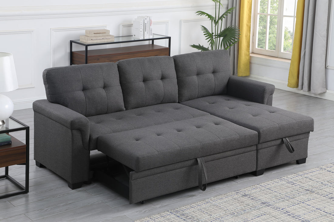 Lucca 84" Dark Gray Linen Reversible Sleeper Sectional Sofa With Storage Chaise Dark Gray Linen