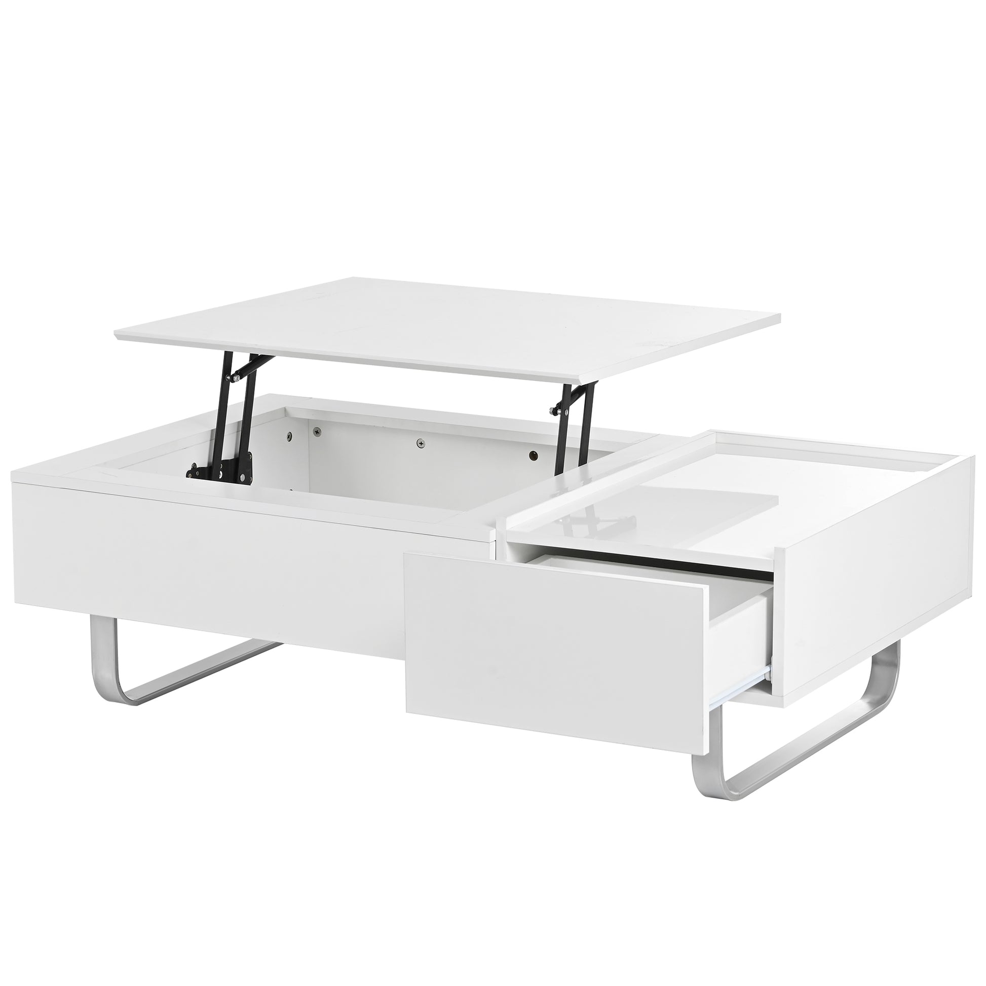 Multi Functional Coffee Table With Lifted Tabletop, Contemporary Cocktail Table With Metal Frame Legs, High Gloss Surface Dining Table For Living Room, White White Soft Close Drawers Primary Living Space Contemporary Manual Freestanding Rectangular Hutch