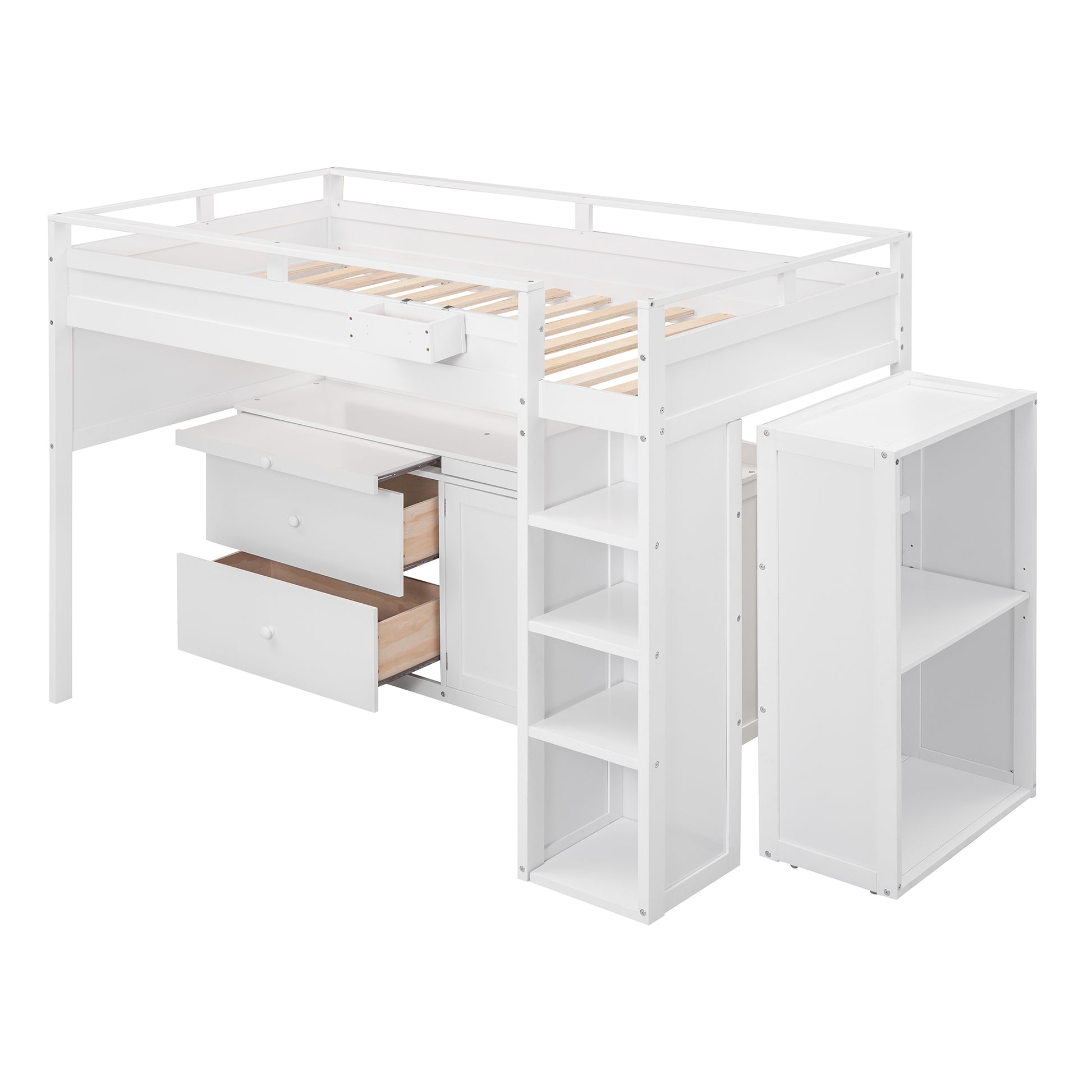 Loft Bed With Rolling Cabinet And Desk White White Solid Wood Mdf