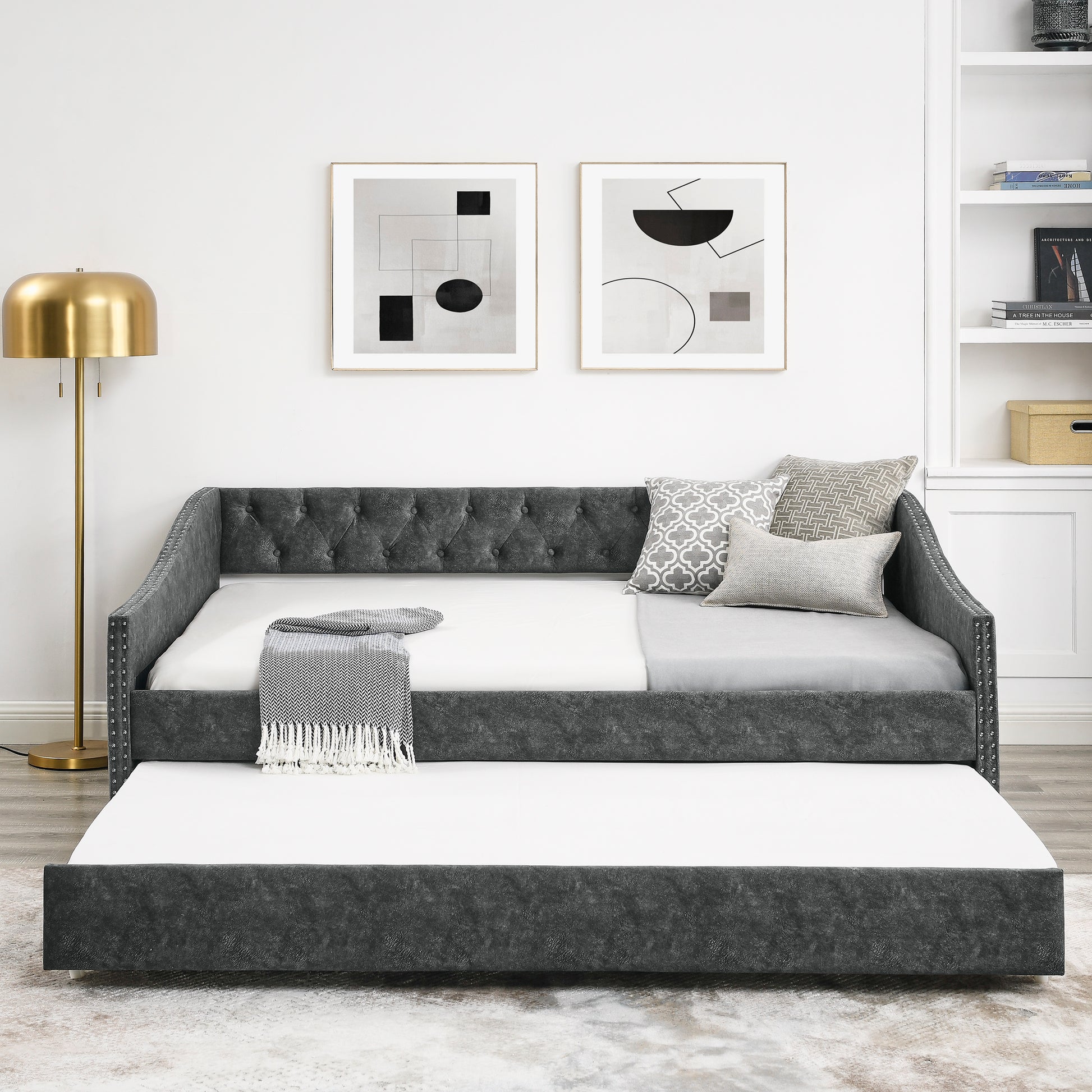 Full Size Daybed With Twin Size Trundle Upholstered Tufted Sofa Bed, With Button On Back And Copper Nail On Waved Shape Arms,Grey 80.5"X55.5"X27.5" Grey Polyester