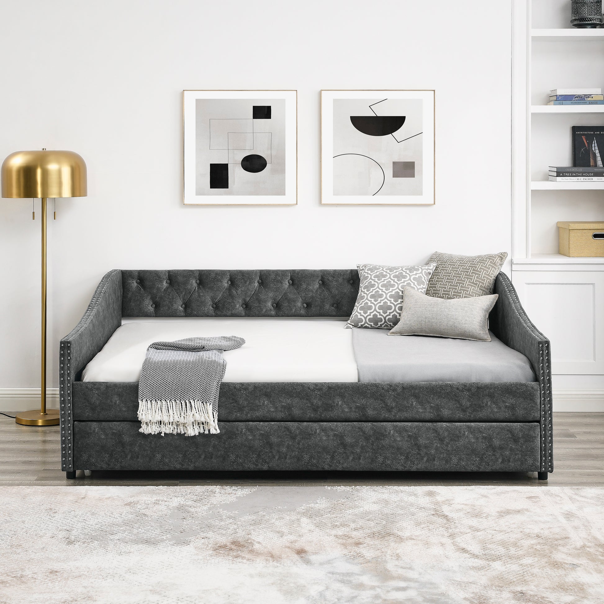 Full Size Daybed With Twin Size Trundle Upholstered Tufted Sofa Bed, With Button On Back And Copper Nail On Waved Shape Arms,Grey 80.5"X55.5"X27.5" Grey Polyester