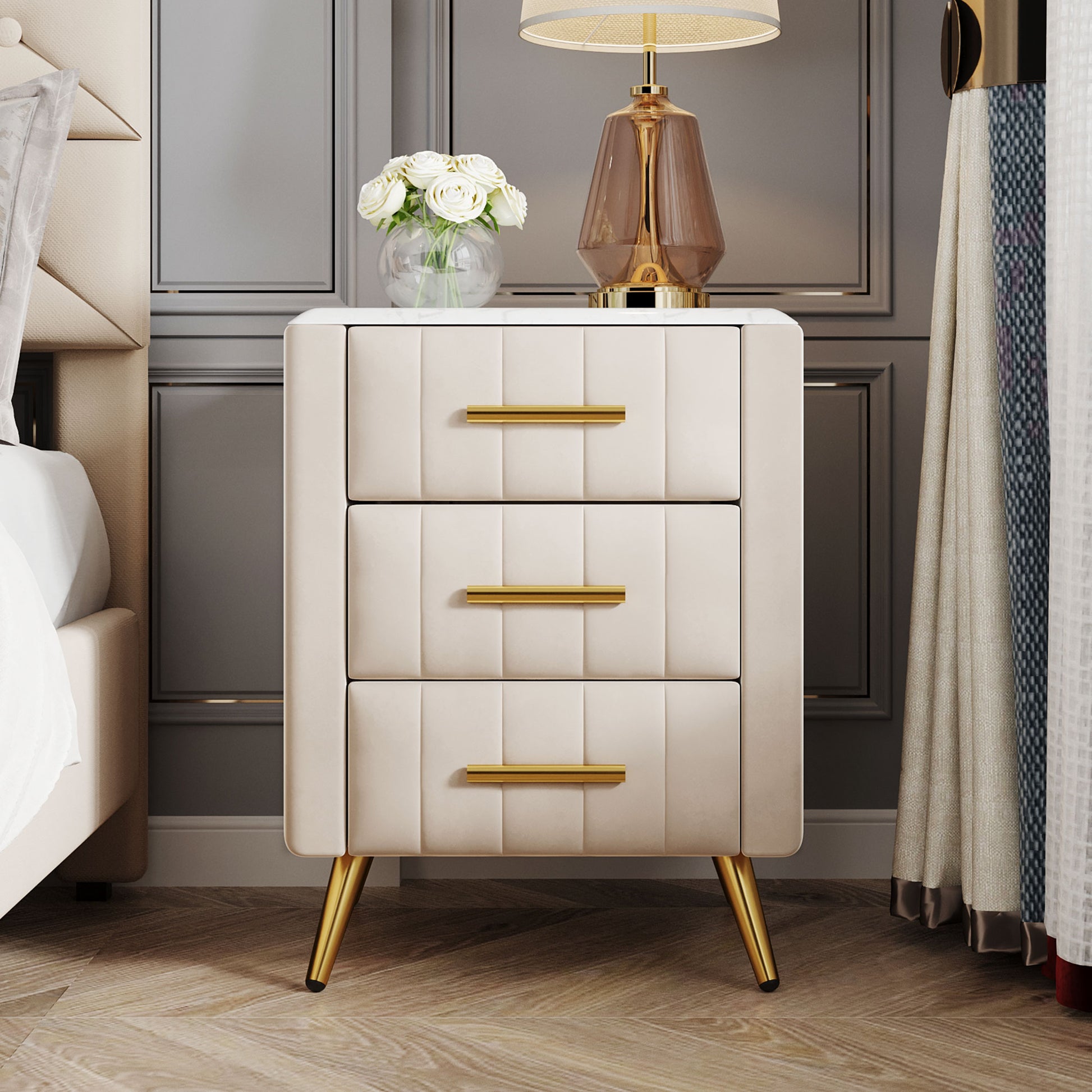 Upholstered Wooden Nightstand With 3 Drawers And Metal Legs&Handles,Fully Assembled Except Legs&Handles,Bedside Table With Marbling Worktop Beige Beige Velvet