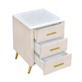 Upholstered Wooden Nightstand With 3 Drawers And Metal Legs&Handles,Fully Assembled Except Legs&Handles,Bedside Table With Marbling Worktop Beige Beige Velvet