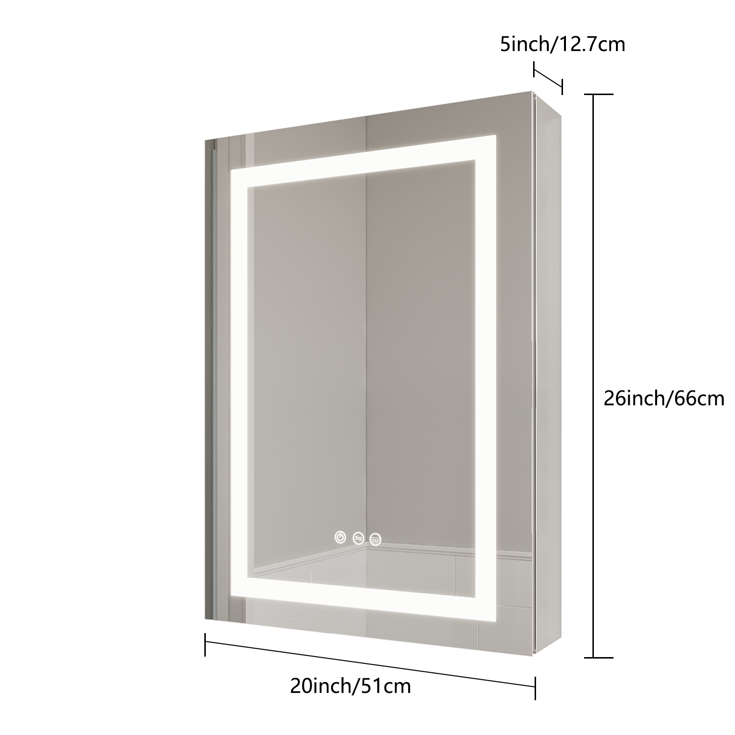 26X20 Inch Bathroom Medicine Cabinet With Led Mirror, Anti Fog, Waterproof, 3000K 6000K Single Door Lighted Bathroom Cabinet With Touch Swich, Dimmable,Recessed Or Surface Mount Right Door Mirror Included Bathroom Powder Coated 3 Silver 1 2 18 To 23 In