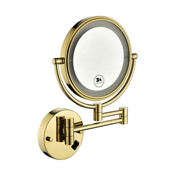 8 Inch Led Wall Mount Two Sided Magnifying Makeup Vanity Mirror 12 Inch Extension Gold Finish 1X 3X Magnification Plug 360 Degree Rotation Waterproof Button Shaving Mirror Gold Stainless Steel