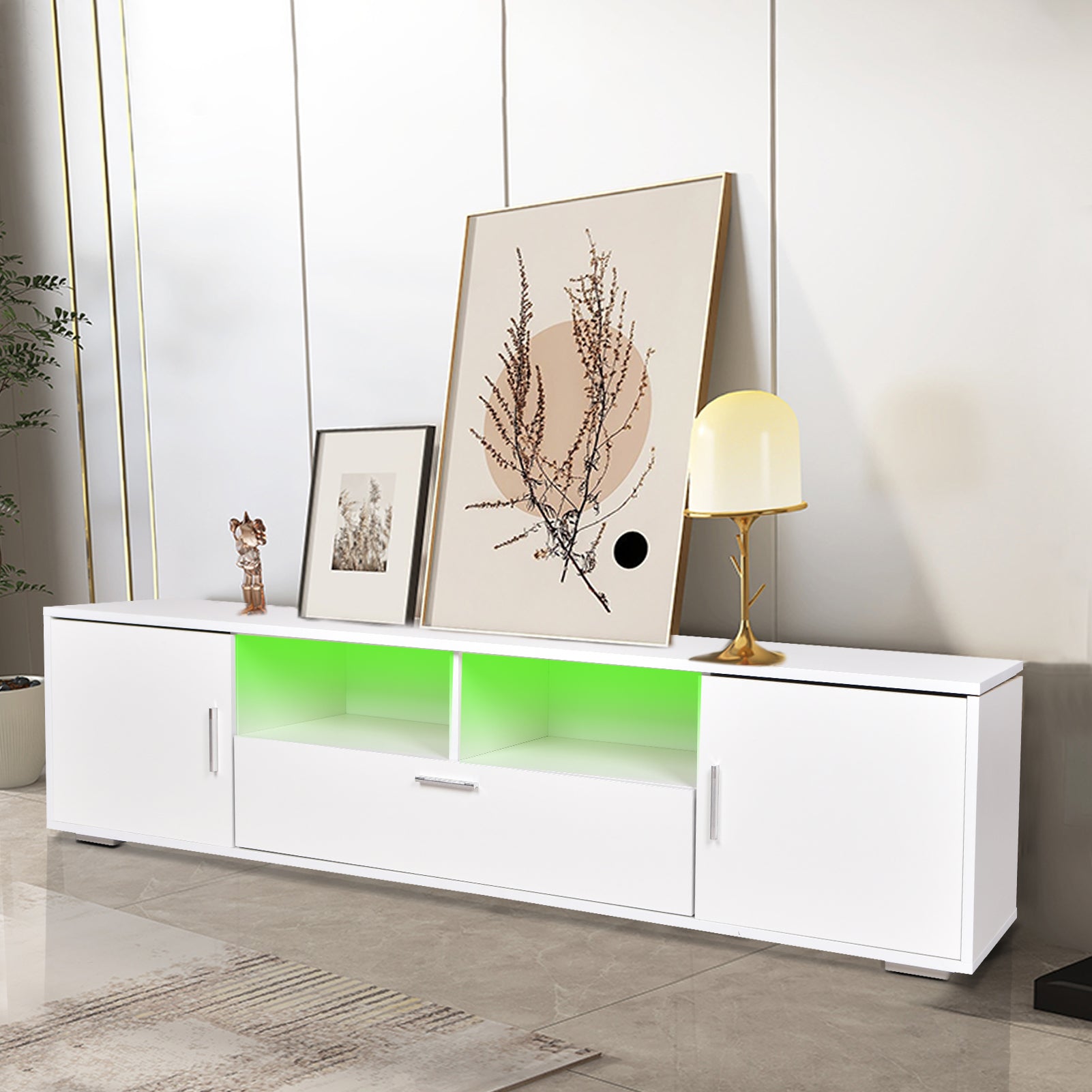 Modern Tv Stand With Led Lights Entertainment Center Tv Cabinet With Storage For Up To 75 Inch For Gaming Living Room Bedroom White Particle Board