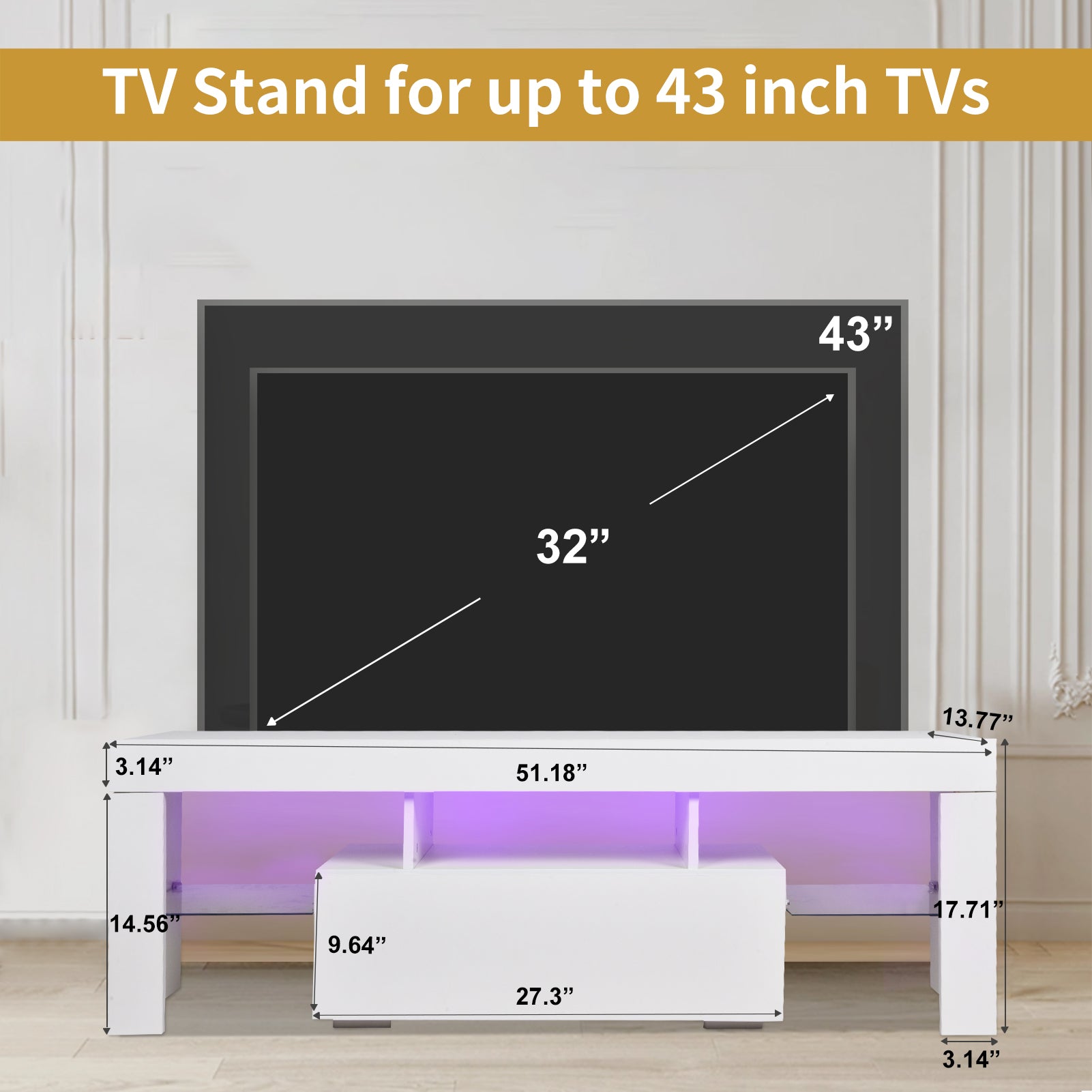 Tv Stand With Storage 43 Inch Led Modern Tv Media Console Entertainment Center With Drawer Tv Cabinet For Living Room Bedroom White Particle Board