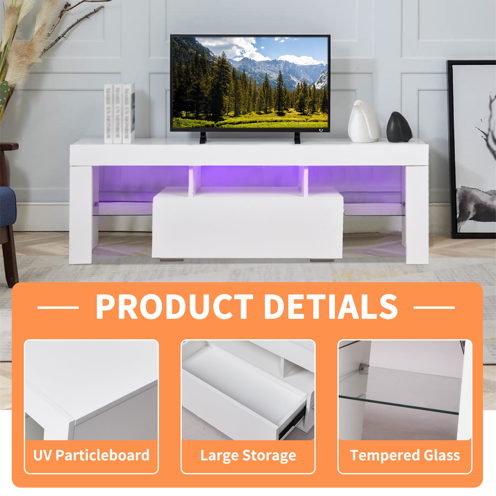 TV stand with Storage 43 inch LED Modern TV Media white-particle board