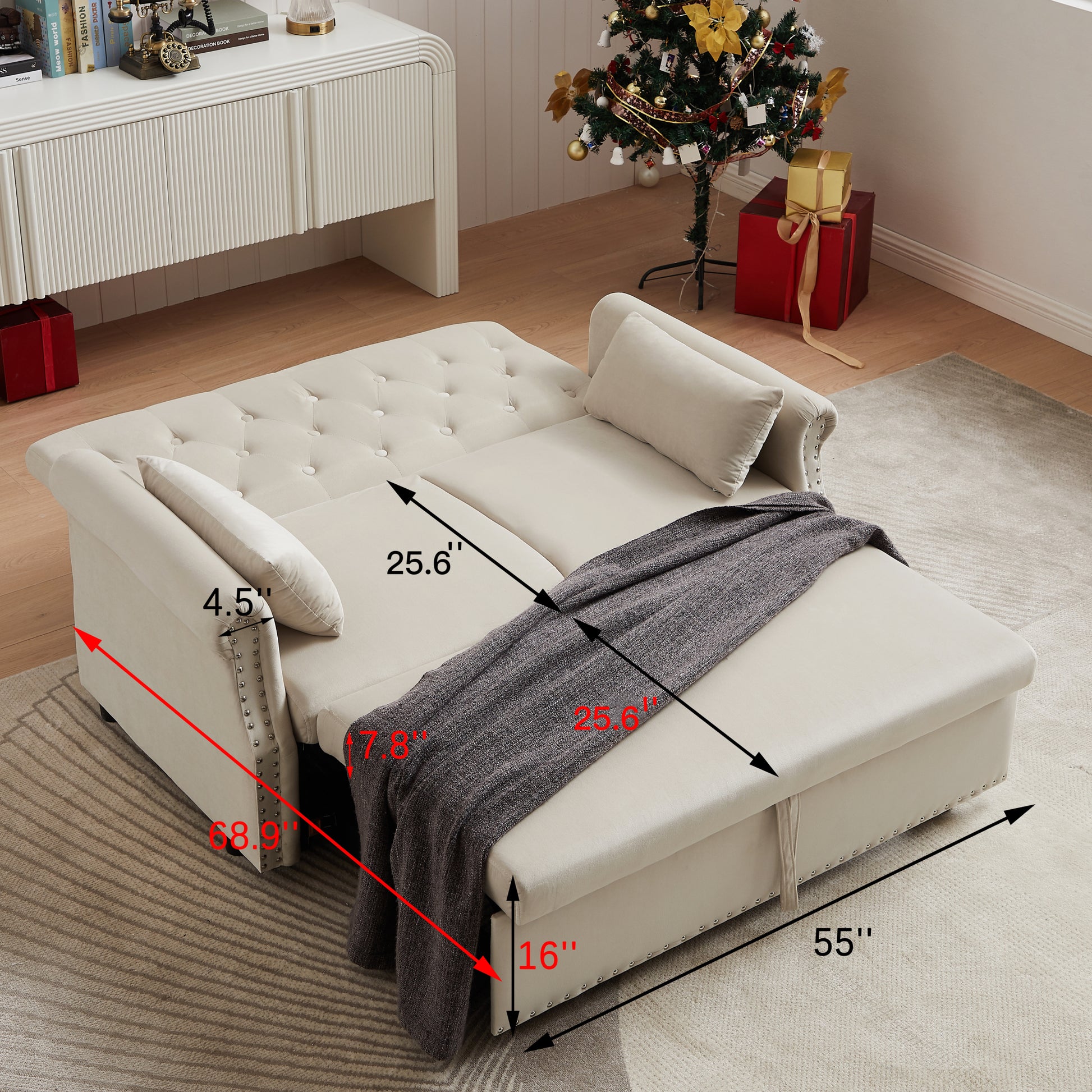 Artemax 55'' Modern Shiny Velvet Convertible Loveseat Sleeper Sofa Couch W 2 Lumbar Pillows, Adjustable Pull Out Bed And Removable Armrest For Nursery, Living Room, Apartment, Home Office Beige Foam Velvet