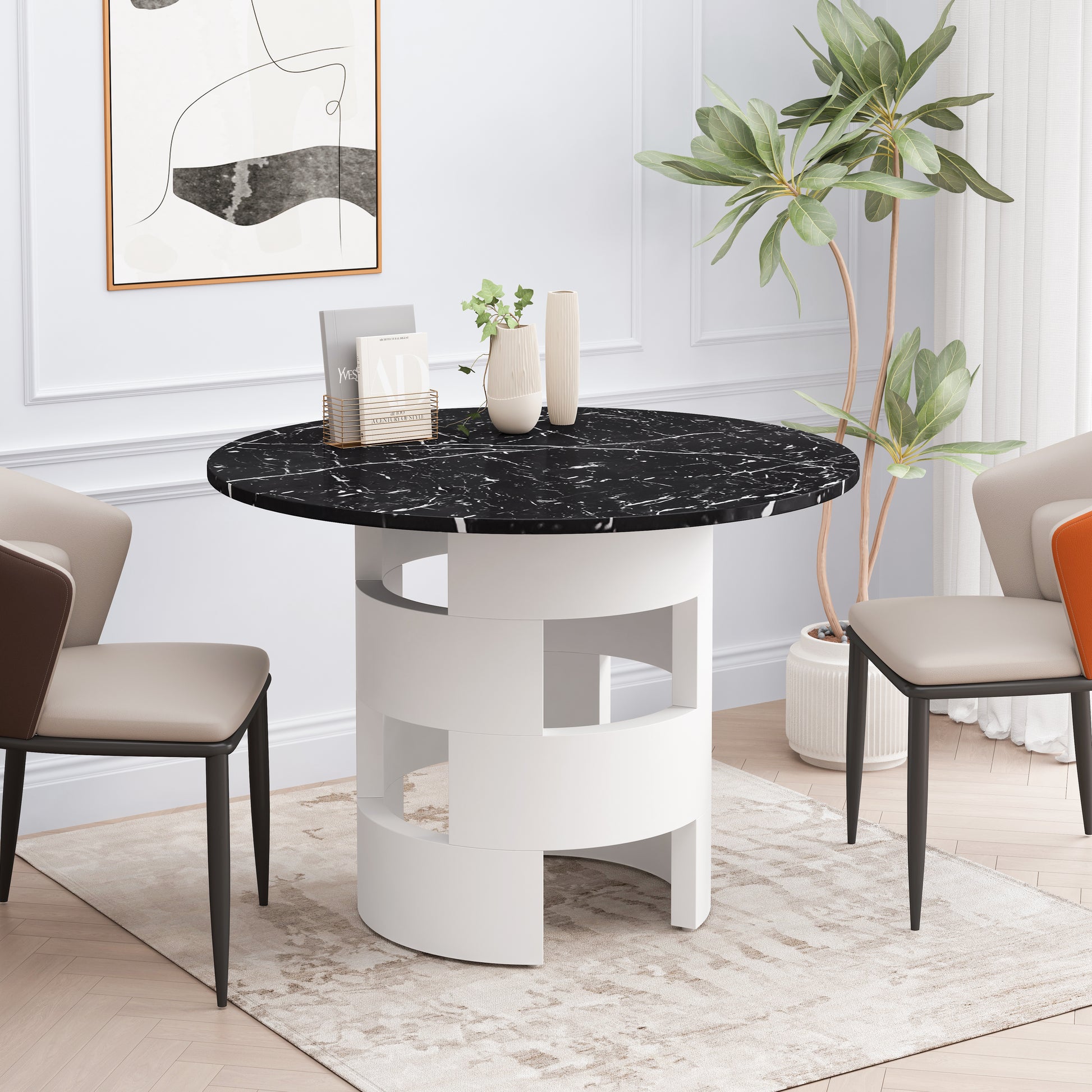 42.12"Modern Round Dining Table With Printed Black Marble Table Top For Dining Room, Kitchen, Living Room,Black White Black White Mdf