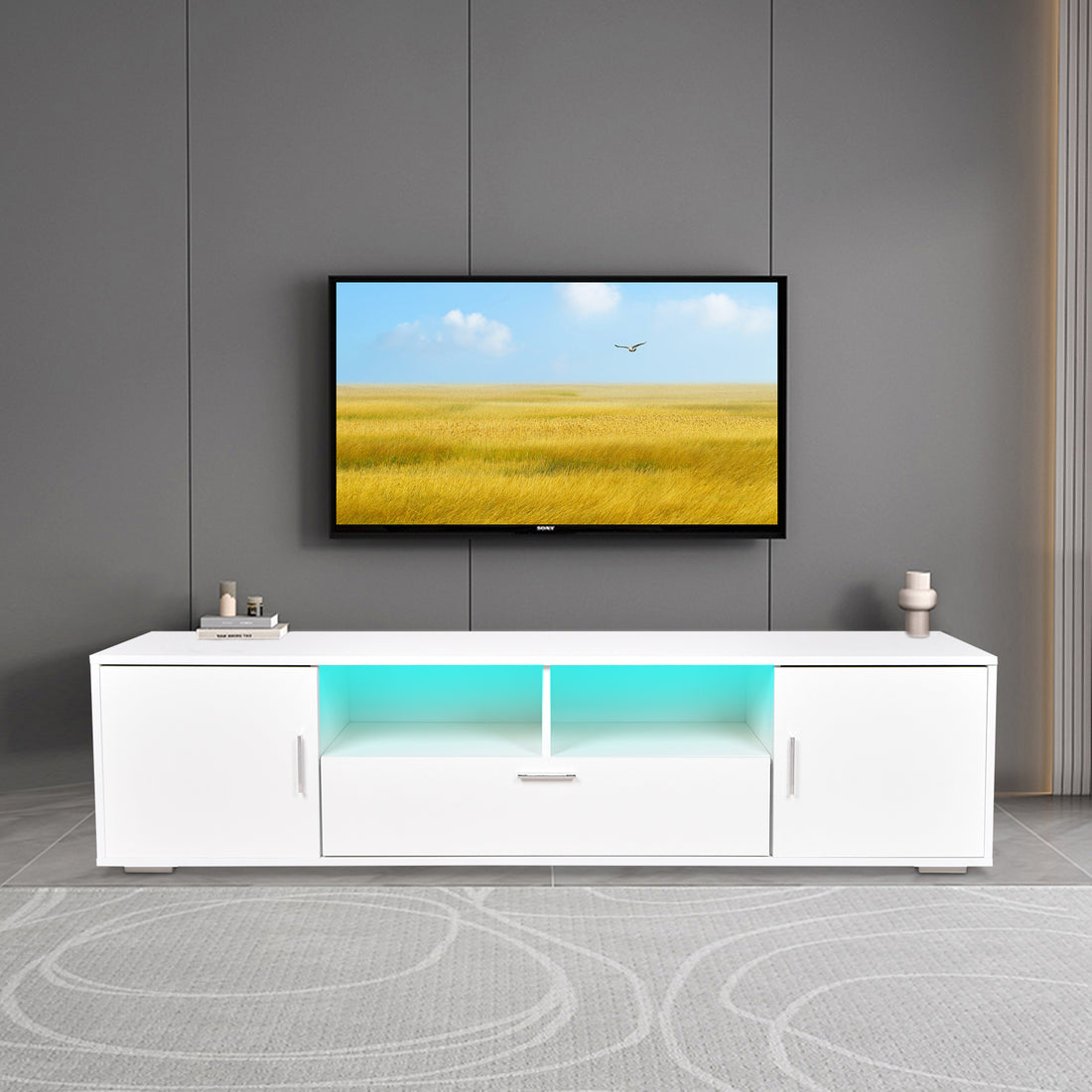 Modern Tv Stand With Led Lights Entertainment Center Tv Cabinet With Storage For Up To 75 Inch For Gaming Living Room Bedroom White Particle Board