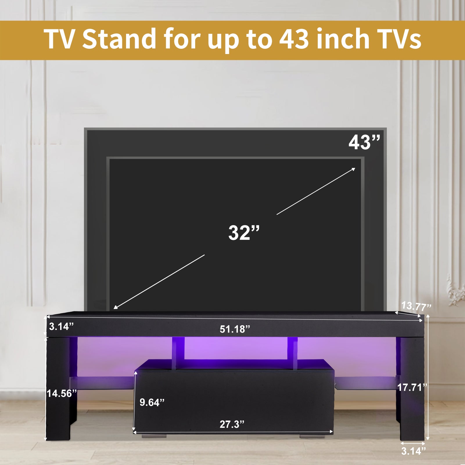 Tv Stand With Storage 43 Inch Led Modern Tv Media Console Entertainment Center With Drawer Tv Cabinet For Living Room Bedroom Black Particle Board