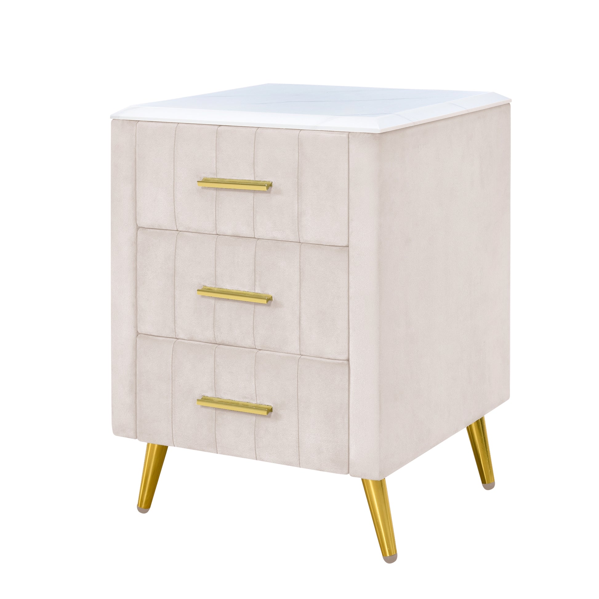 Upholstered Wooden Nightstand With 3 Drawers And Metal Legs&Handles,Fully Assembled Except Legs&Handles,Bedside Table With Marbling Worktop Beige Beige Velvet