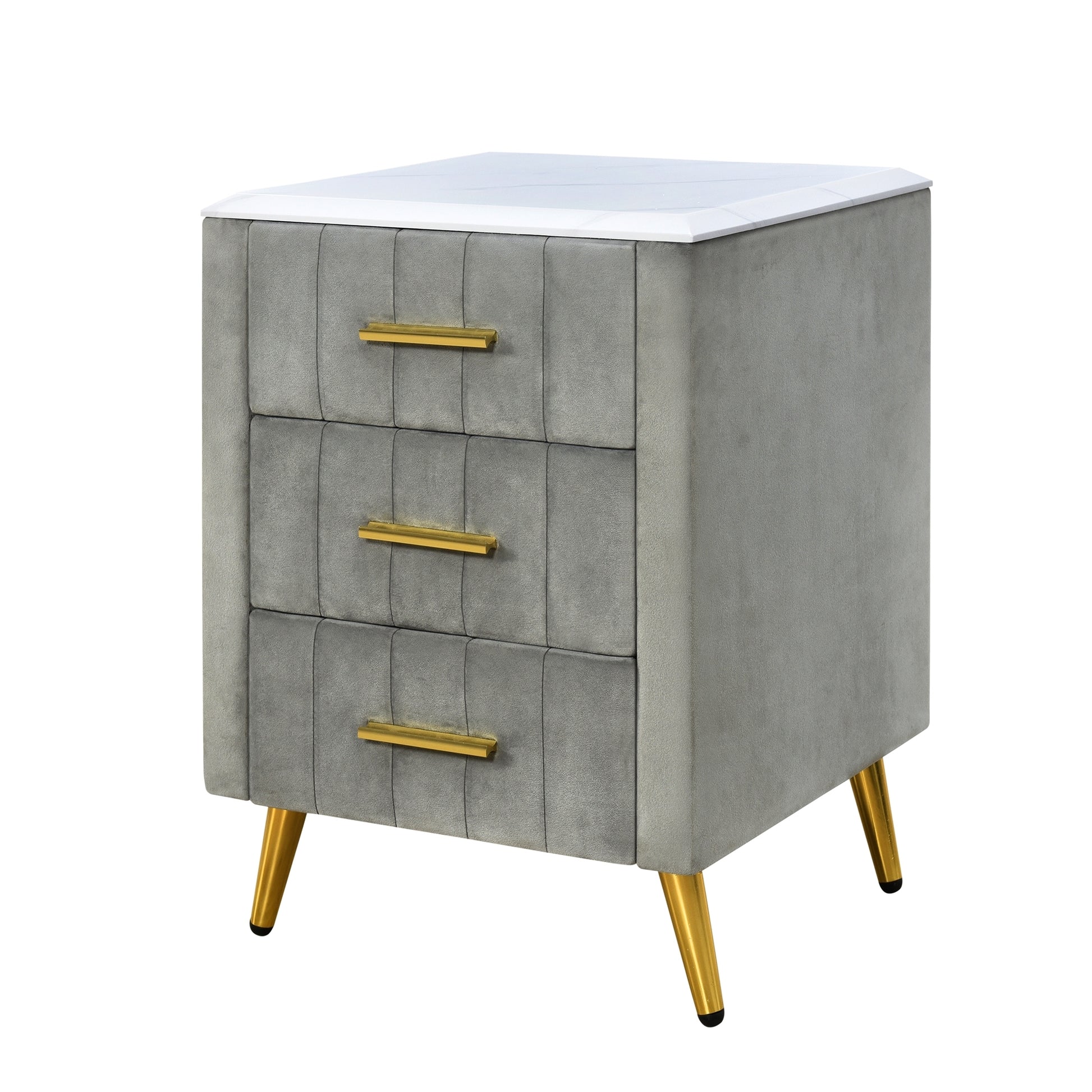 Upholstered Wooden Nightstand With 3 Drawers And Metal Legs&Handles,Fully Assembled Except Legs&Handles,Bedside Table With Marbling Worktop Gray Gray Velvet