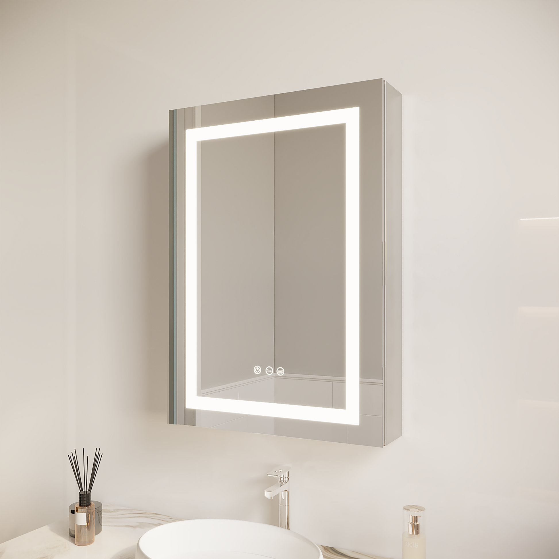 26X20 Inch Bathroom Medicine Cabinet With Led Mirror, Anti Fog, Waterproof, 3000K 6000K Single Door Lighted Bathroom Cabinet With Touch Swich, Dimmable,Recessed Or Surface Mount Left Door Mirror Included Bathroom Powder Coated 3 Silver 1 2 18 To 23 In 24