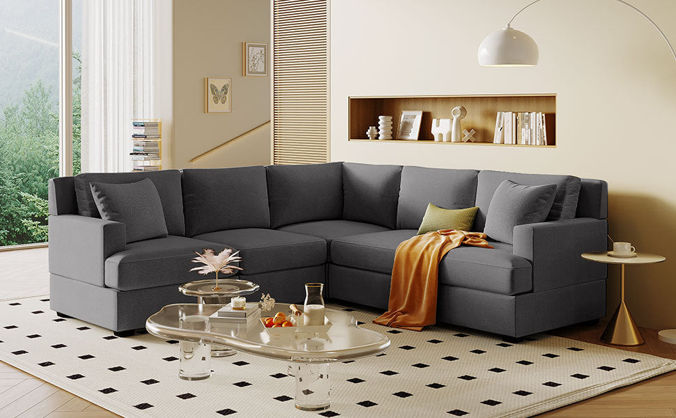 Sectional Modular Sofa With 2 Tossing Cushions And Solid Frame For Living Room Gray Polyester