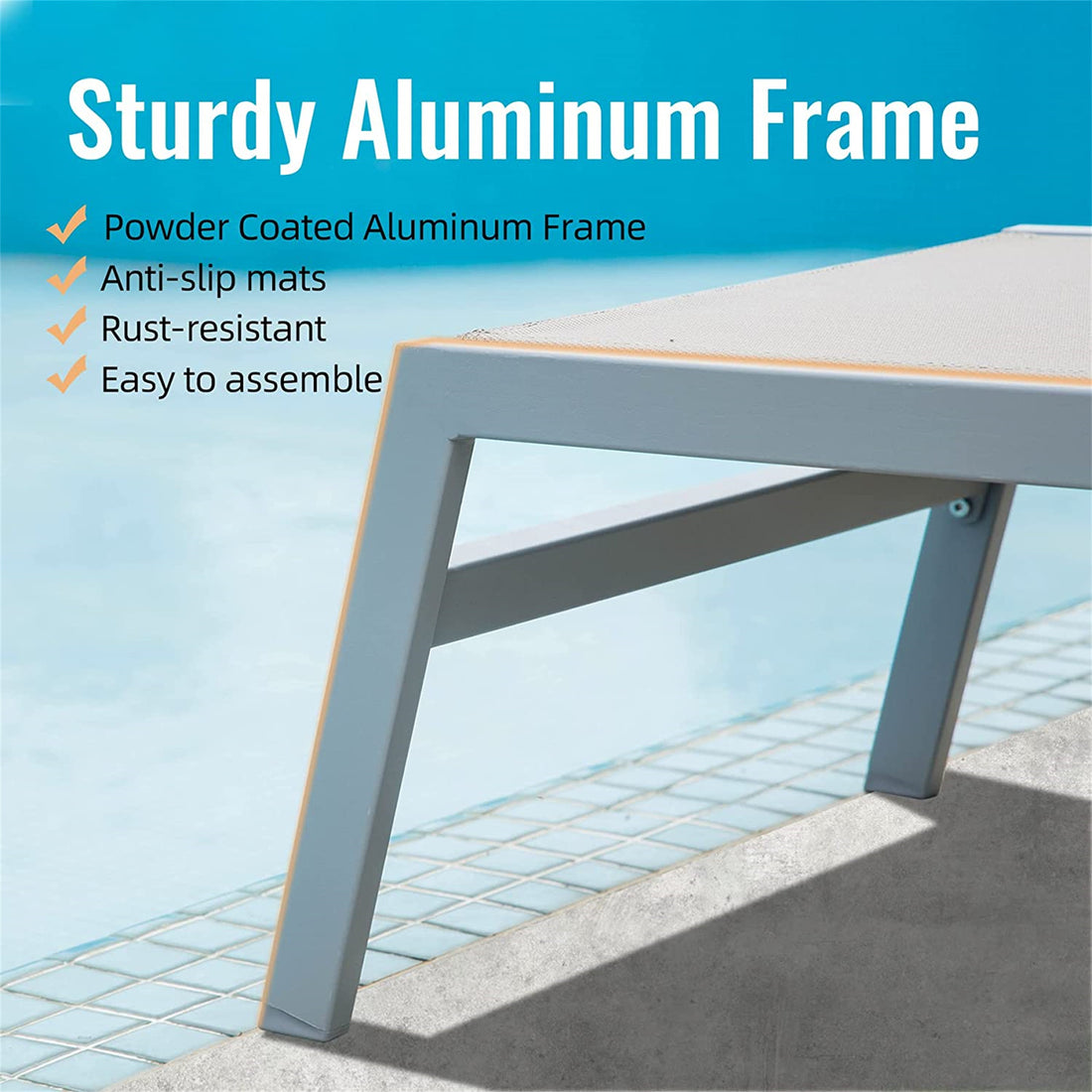 Patio Chaise Lounge Set Of 3, Aluminum Lounge Chairs With 5 Adjustable Positions, Outdoor Chaise Lounge For Pool, Deck, Garden, Backyard, Sunbathing Khaki,2 Lounge Chairs 1 Table Khaki Aluminium