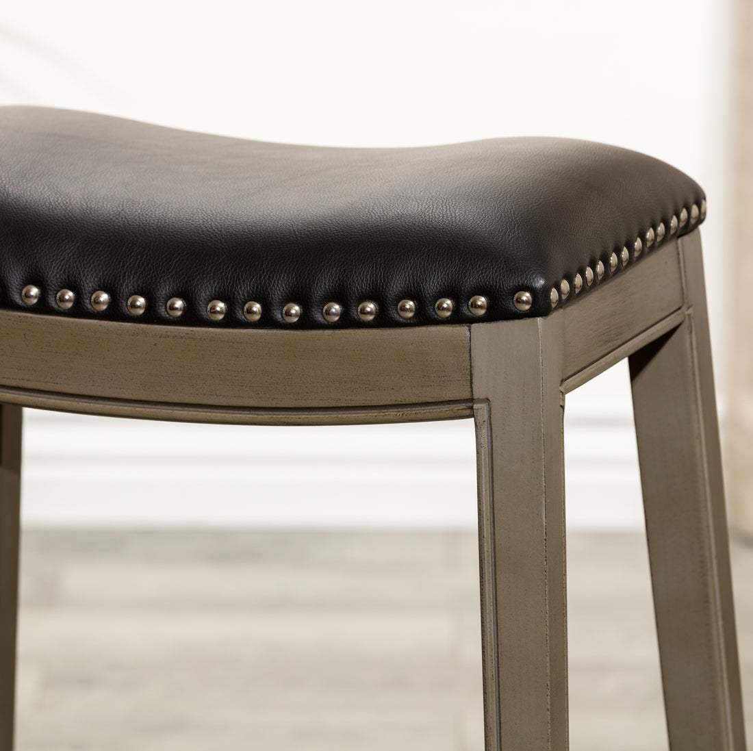 24" Counter Height Saddle Stool, Weathered Gray Finish, Black Leather Seat Gray Polyester Bonded Leather