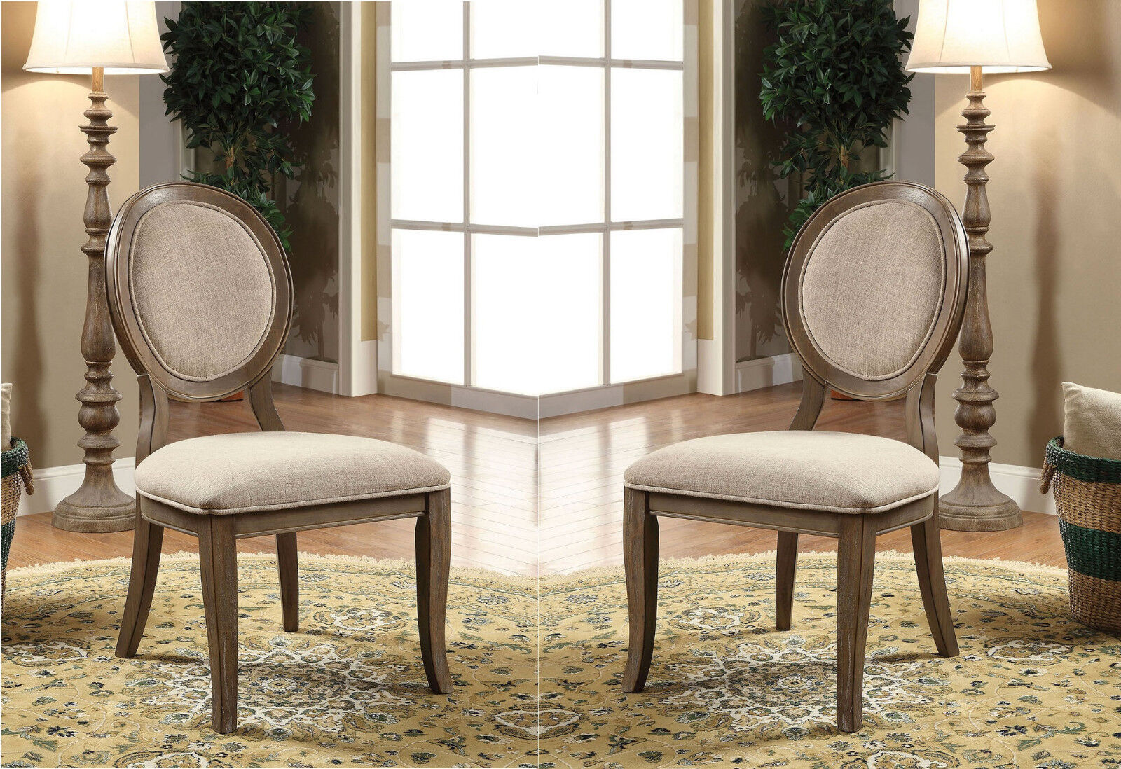 Transitional Rustic Oak and Beige Side Chairs Set of 2 rustic-dining room-transitional-dining