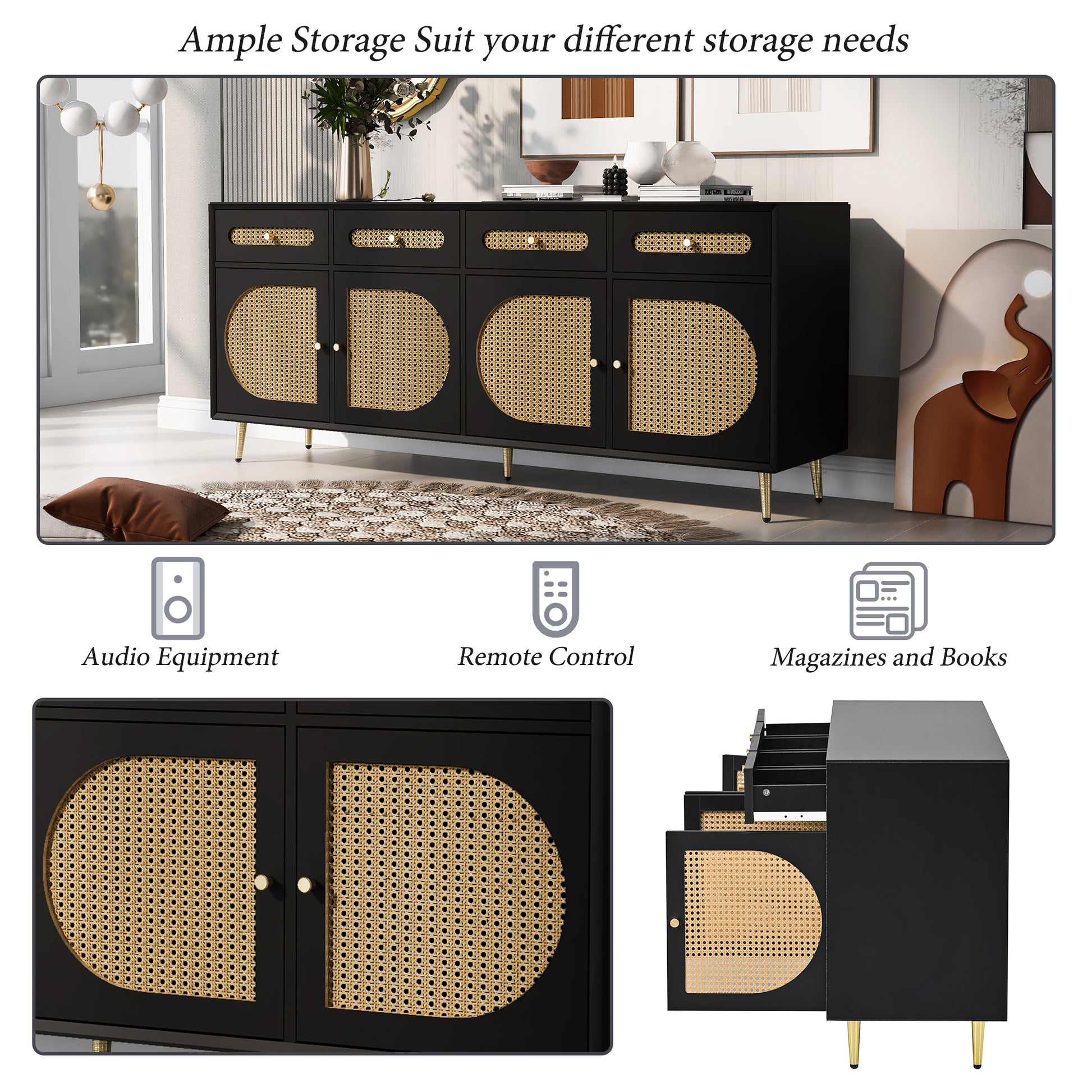 Tv Stand With Rattan Door,Woven Media Console Table With Adjustable Shelves For Tvs Up To 65",Storage Sideboard Cabinet For Living Room Black Primary Living Space Modern 60 Inches Particle Board Particle Board