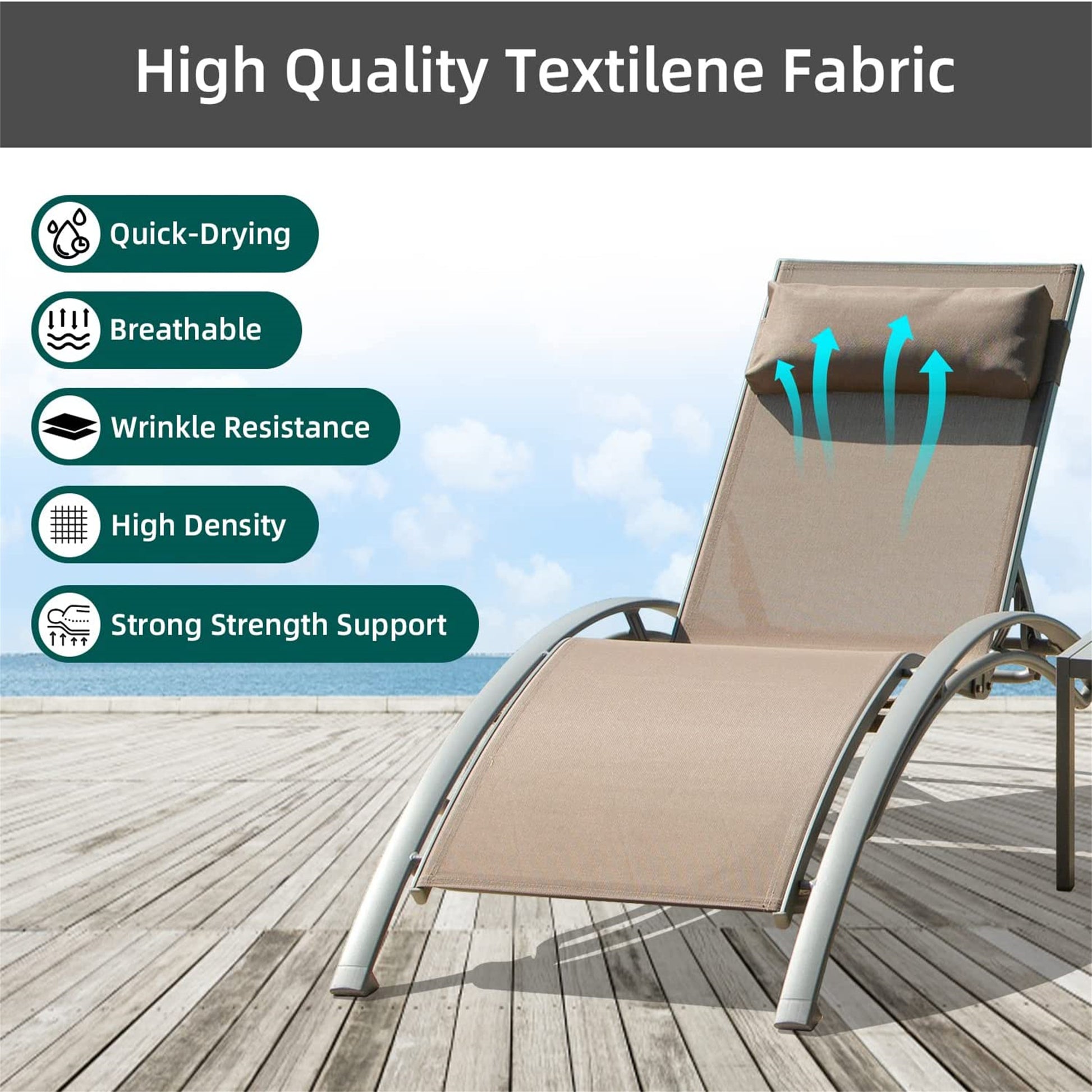 Pool Lounge Chairs Set Of 3, Adjustable Aluminum Outdoor Chaise Lounge Chairs With Metal Side Table, All Weather For Deck Lawn Poolside Backyard Khaiki, 2 Lounge Chair 1 Table Khaki Aluminium