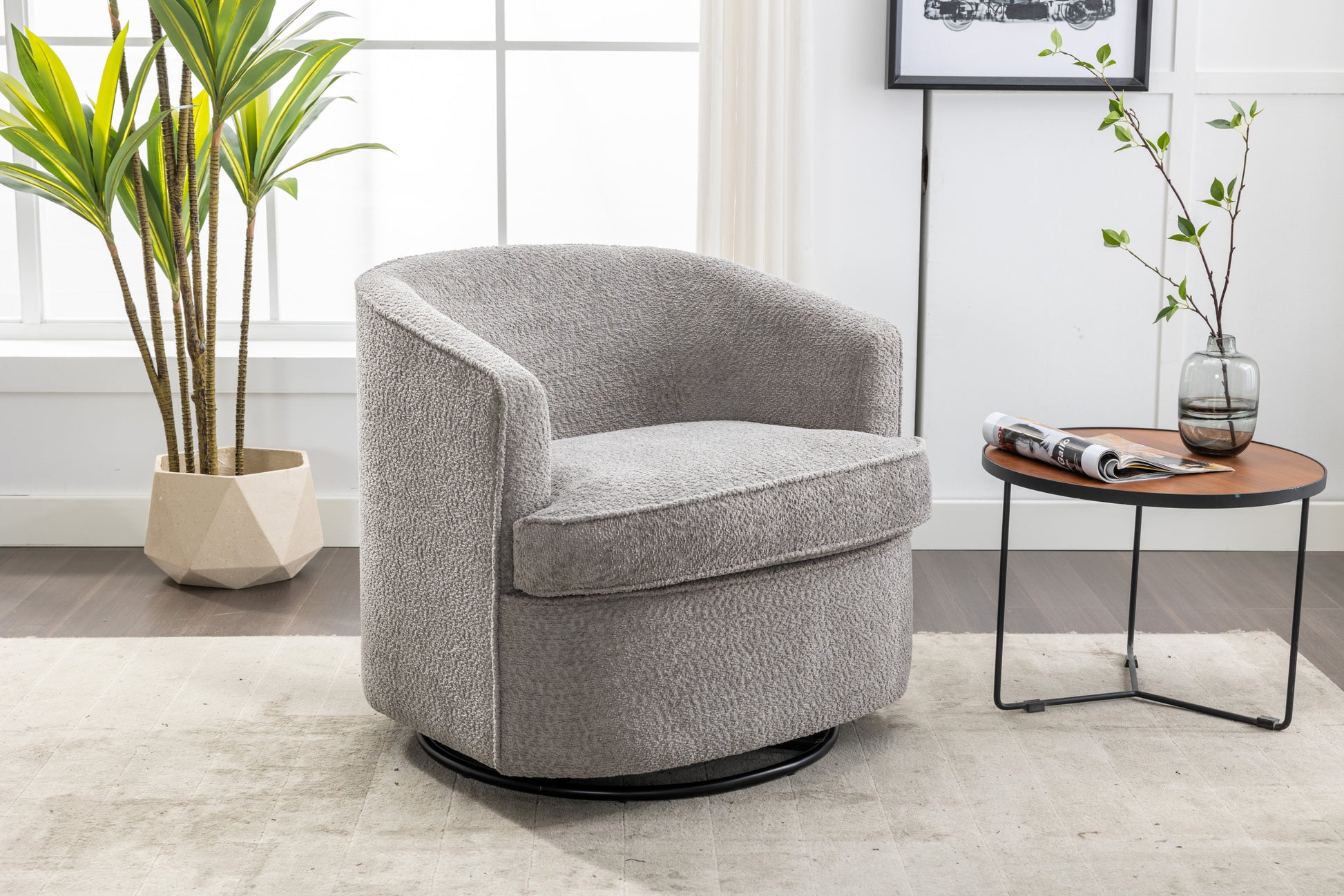 Coolmore Swivel Barrel Chair, Comfy Round Accent Sofa Chair For Living Room, 360 Degree Swivel Barrel Club Chair, Leisure Arm Chair For Nursery, Hotel, Bedroom, Office, Lounge Gray Boucle