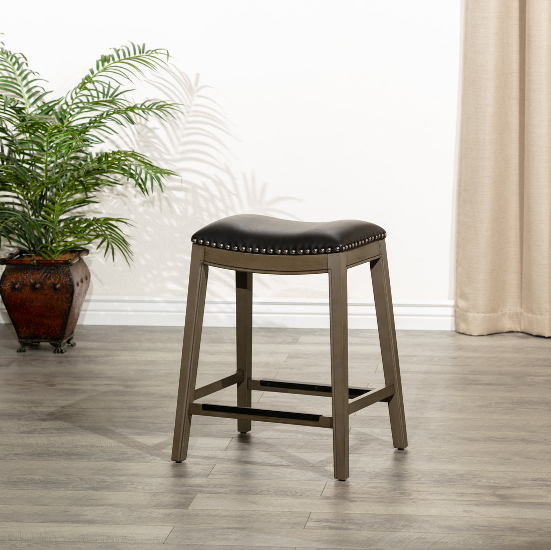 24" Counter Height Saddle Stool, Weathered Gray Finish, Black Leather Seat Gray Polyester Bonded Leather