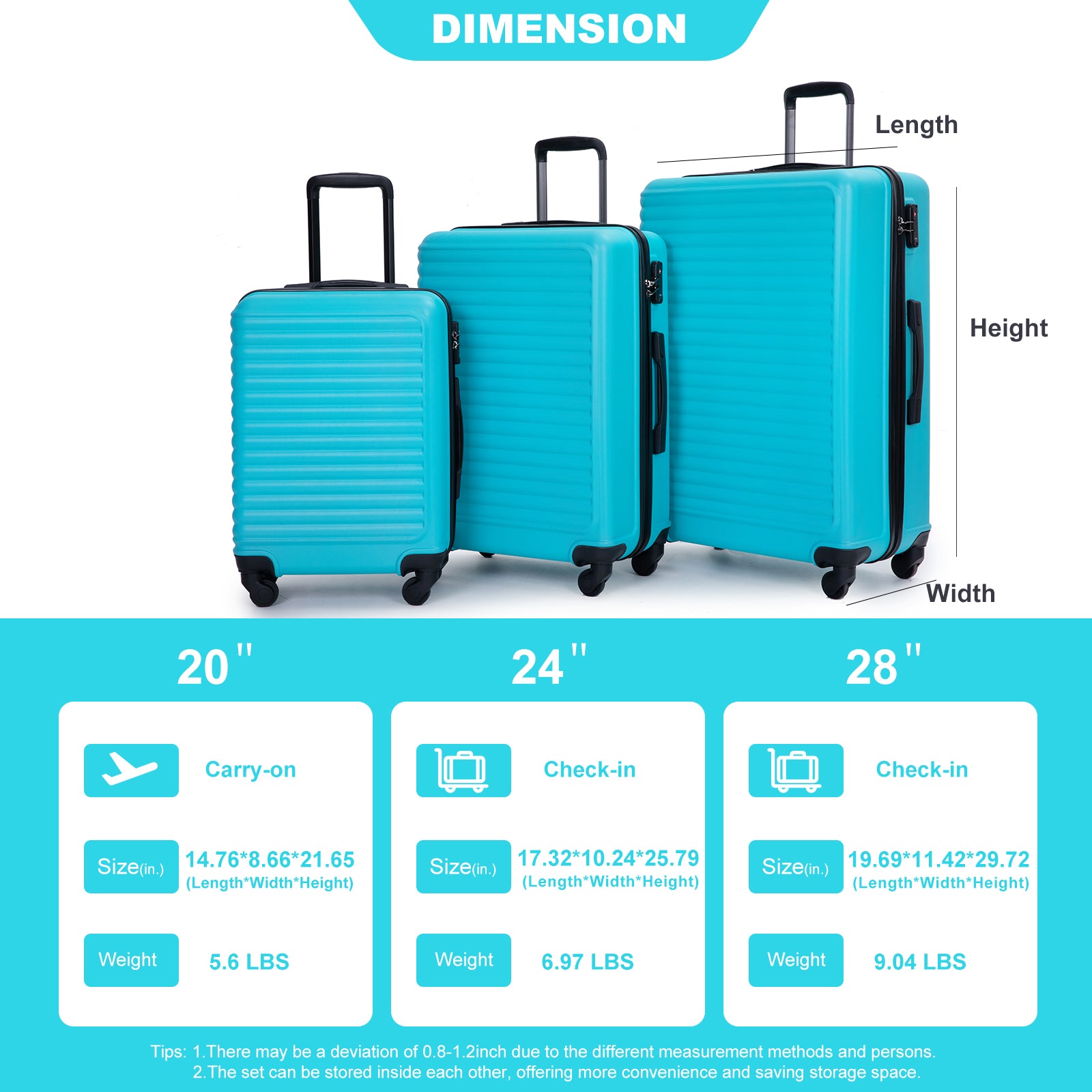 3 Piece Luggage Sets Abs Lightweight Suitcase With Two Hooks, Spinner Wheels, Tsa Lock, 20 24 28 Turquoise Turquoise Abs