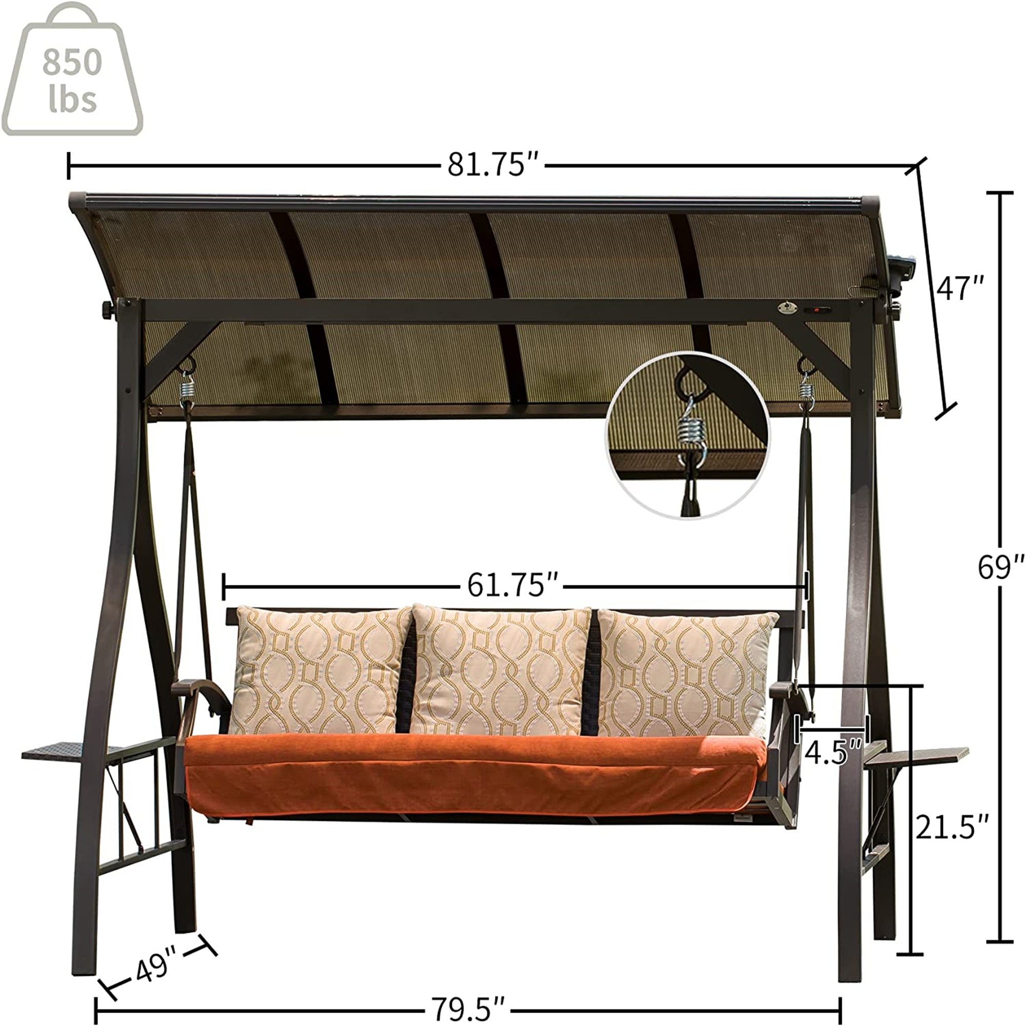 Patio Porch Swing 3 Person Adjustable Canopy