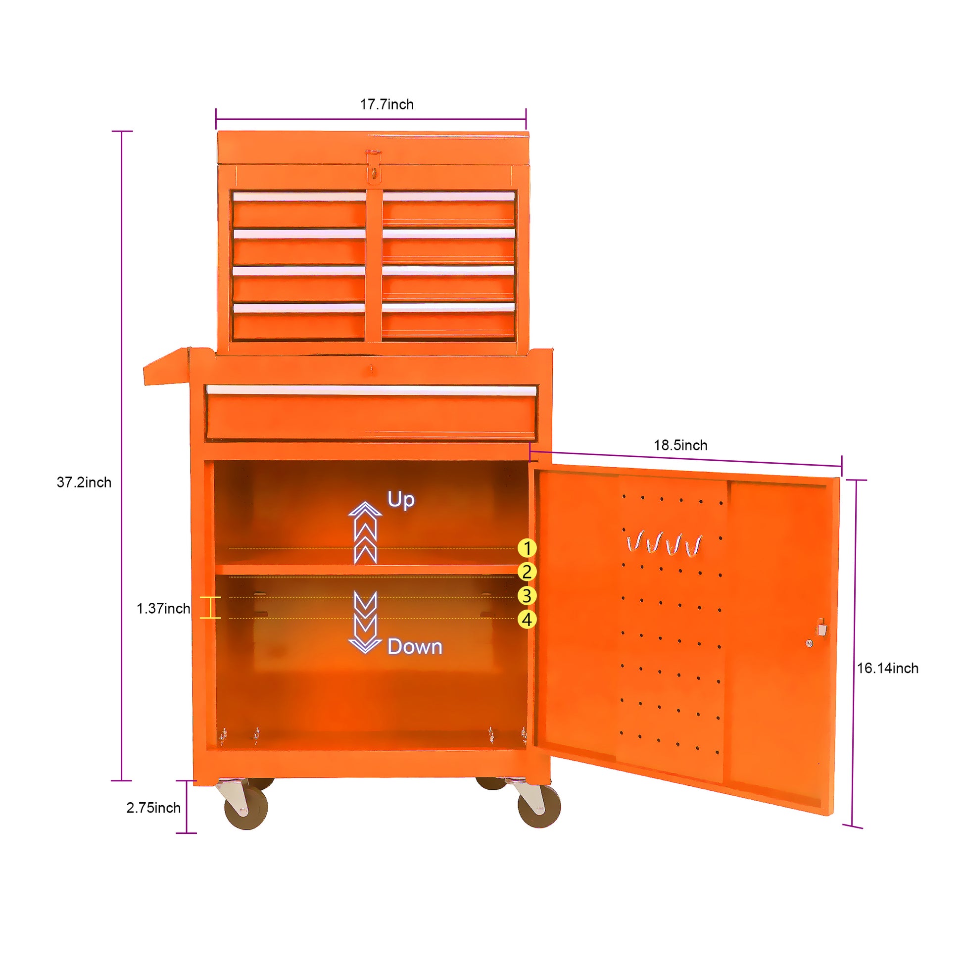 Detachable 5 Drawer Tool Chest with Bottom Cabinet and orange-metal
